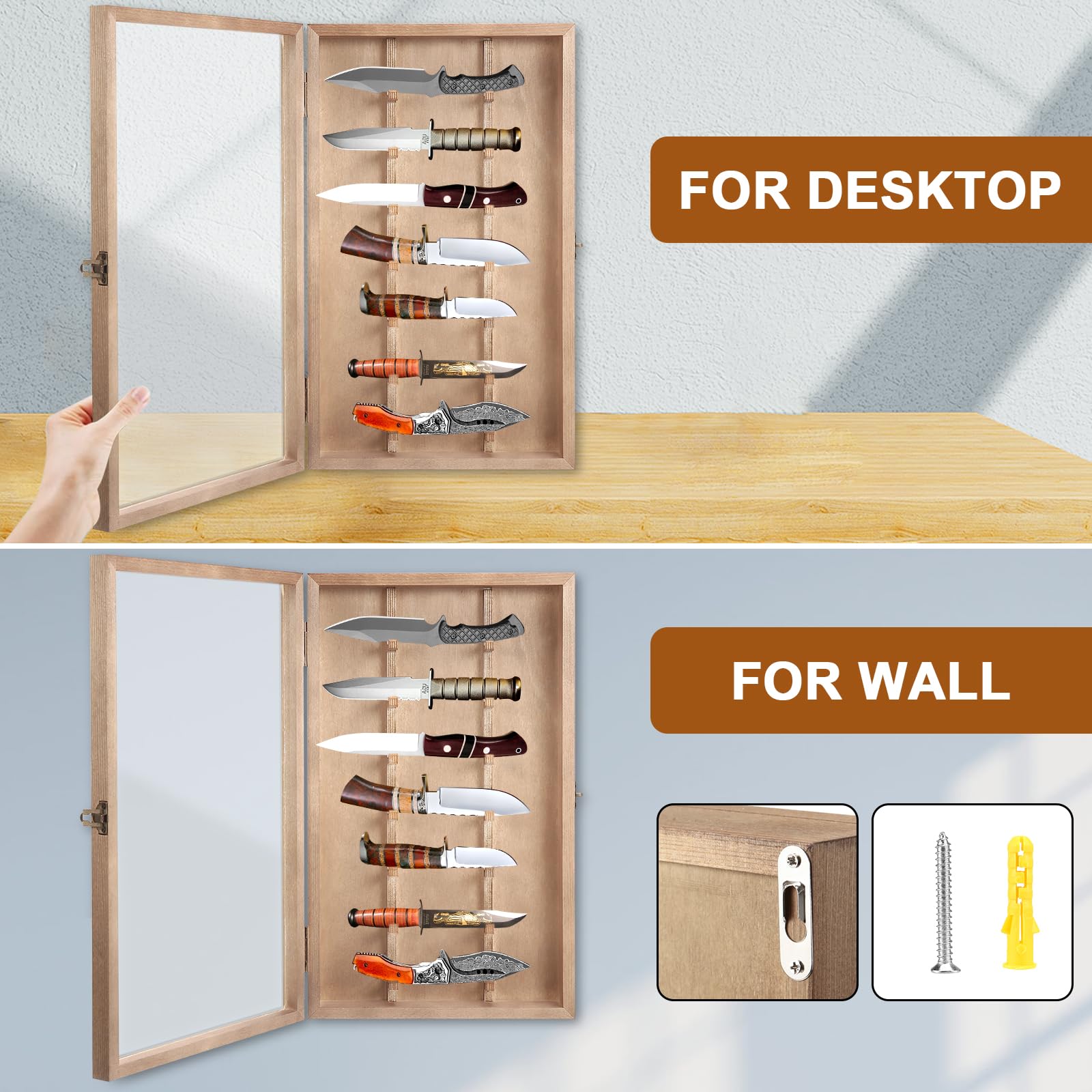 Triceratops Knife Display Case with Lockable Clear Acrylic Door, Wall Mount Wooden Knife Display Stand, Pocket Knife Display Cases for Storage, Collection, Holds up to 7 Knifes