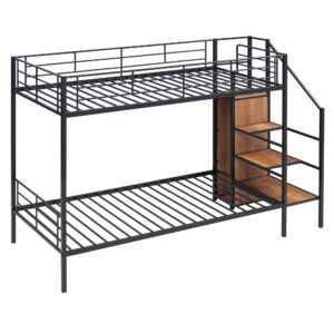 Metal Twin Over Twin Bunk Bed with Lateral Storage Ladder and Wardrobe,for Kids Teens Adults Bedroom Use (Black@Wardrobe-, Twin Over Twin)