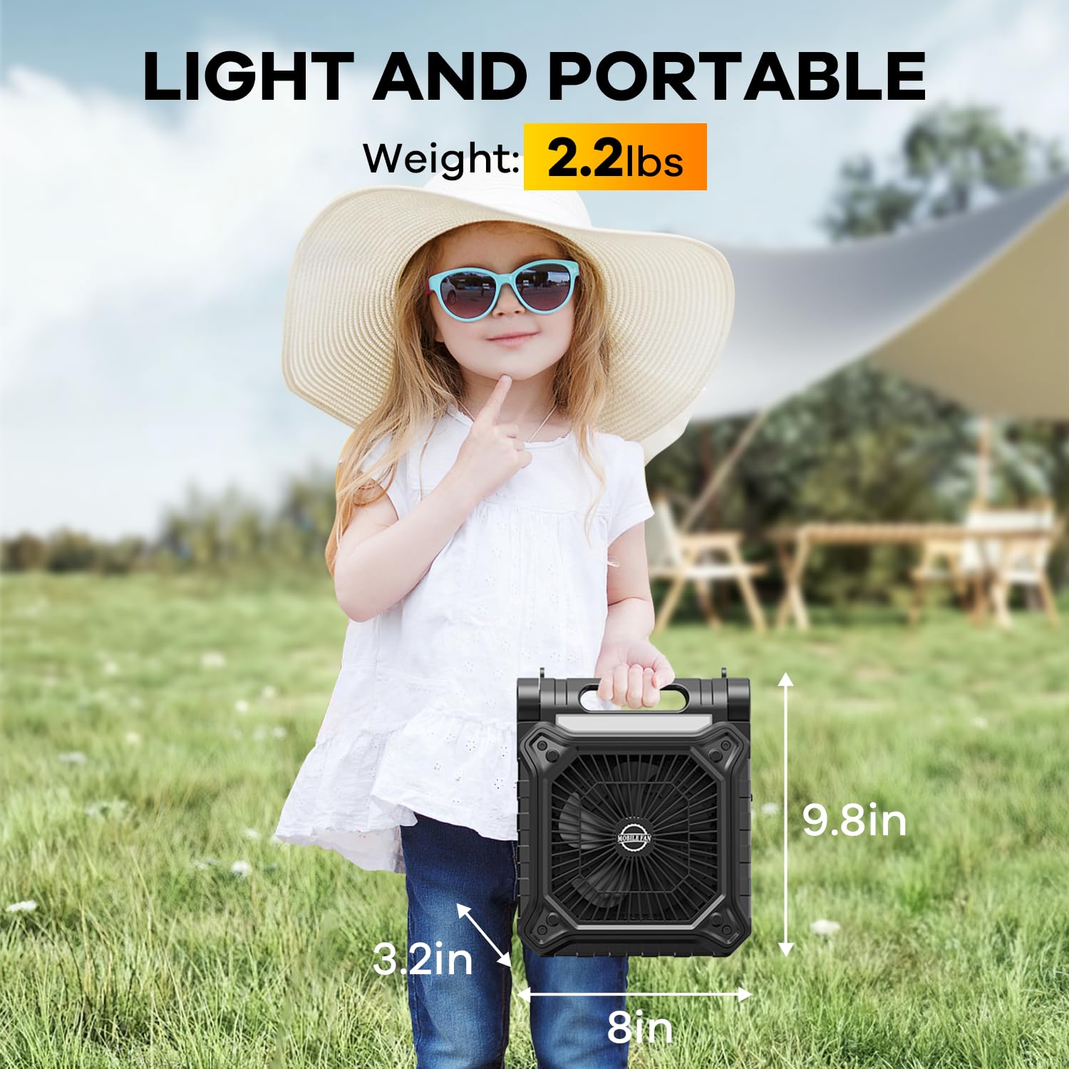 DOWILLDO Solar Powered Fan for Camping- Camping Fan with 12000 mAh Rechargeable Battery and LED Lantern, 3 Timer and 3 Speeds Battery Powered Outdoor Fan for Travel, Fishing, Outdoor(Black)