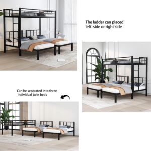 Black Metal Triple Bunk Beds Frame, Twin Over Twin & Twin Bunk Bed with Guardrails, Can Be Separated into 3 Twin Beds for Kids, Teens, Adults, No Box Spring Needed