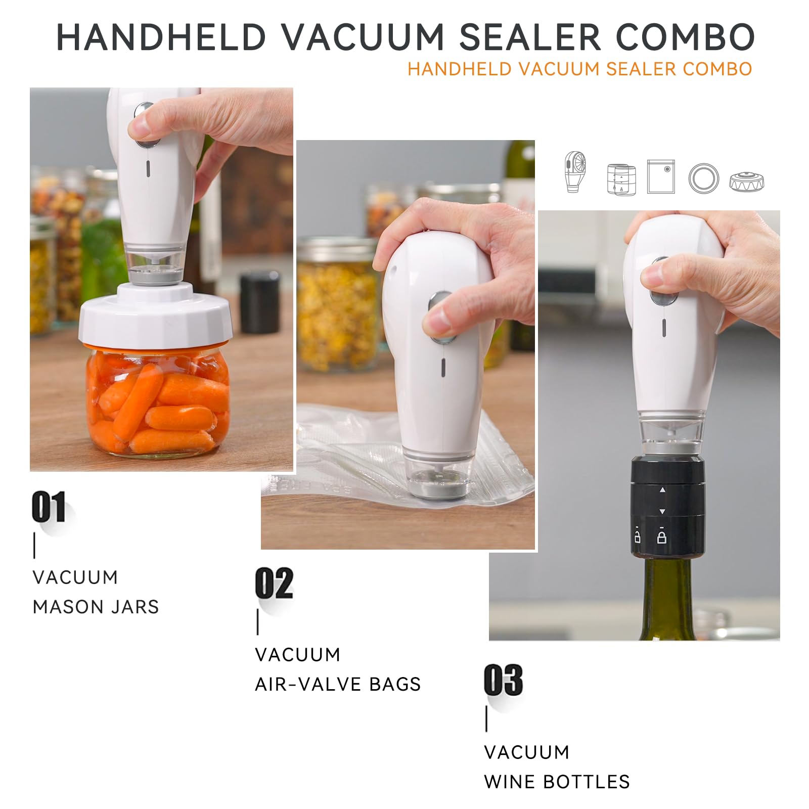 Electric Vacuum Sealer Kit, All in One for Mason Jars, Bags, and Wine Bottles, ideal for food storage, beverage saver, meal prep, pickling and preserving