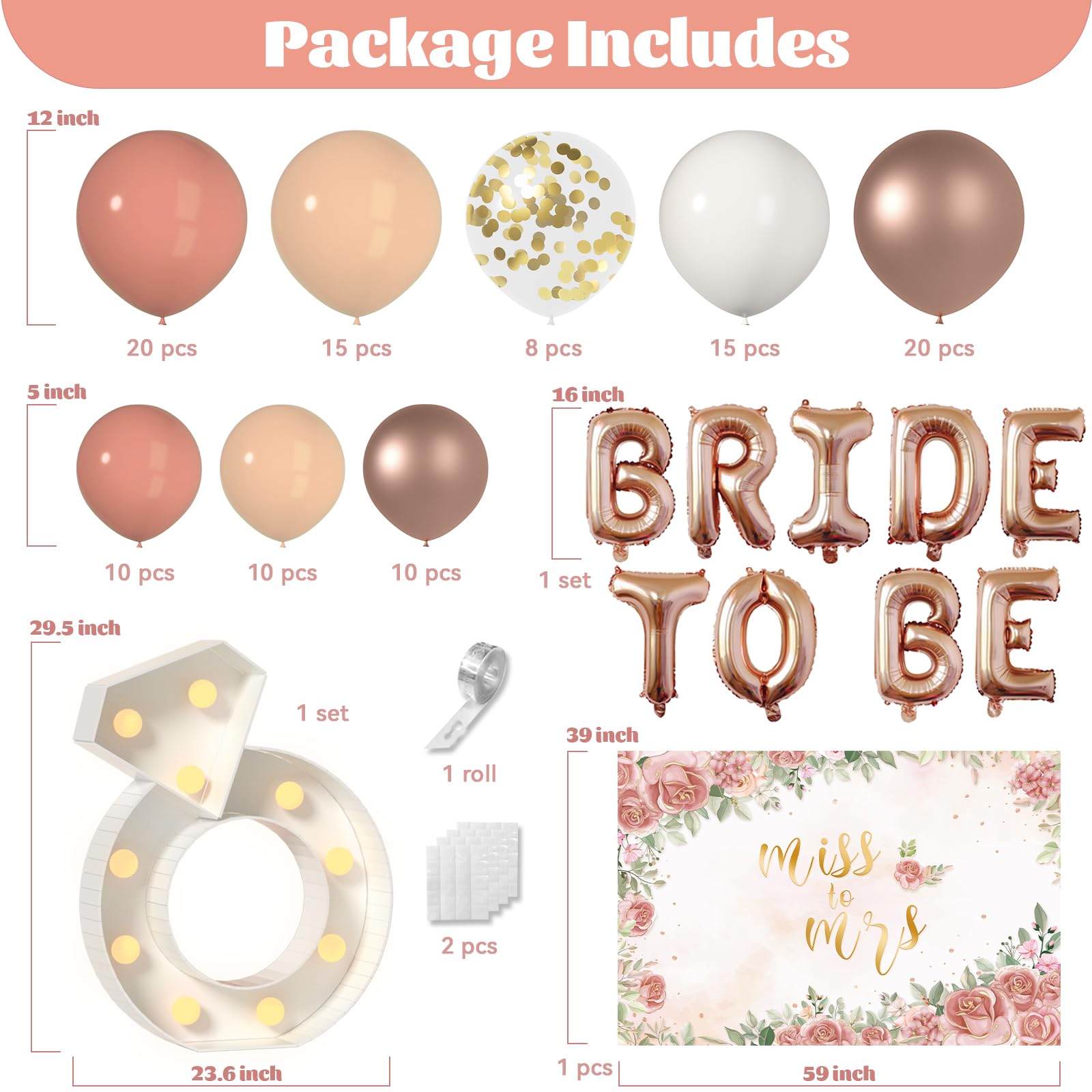 Bachelorette Party Decorations, LYVEEF Rose Gold Bridal Shower Decor, 111 PCS Blush Pink Balloons Garland Arch Kit with Bride To Be Balloons, Confetti Balloons, DIY Marquee Light Up Ring and Backdrop