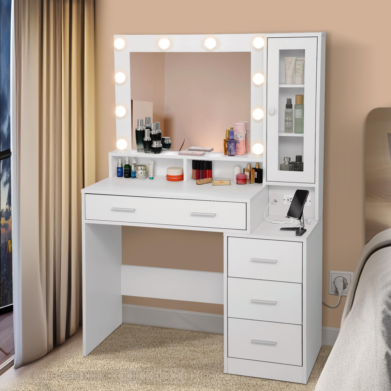 Vanity Desk with Mirror and Lights - White Vanity Table with Power Strip, 4 Drawers and Display Cabinet, 39.5'' Bedroom Makeup Desk with Nightstand and Tabletop Shelf, Brightness Adjustable