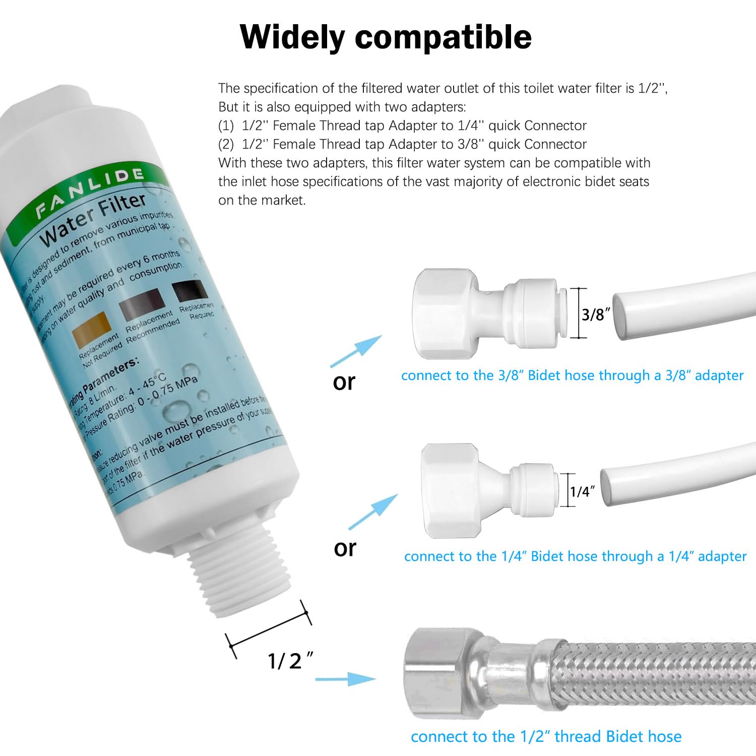 FANLIDE Bidet water filter for electronic bidet seats, Toilet water filter system, compatible with 1/2" 1/4" 3/8" Bidet hose (2 Filters + 2 Adapter)