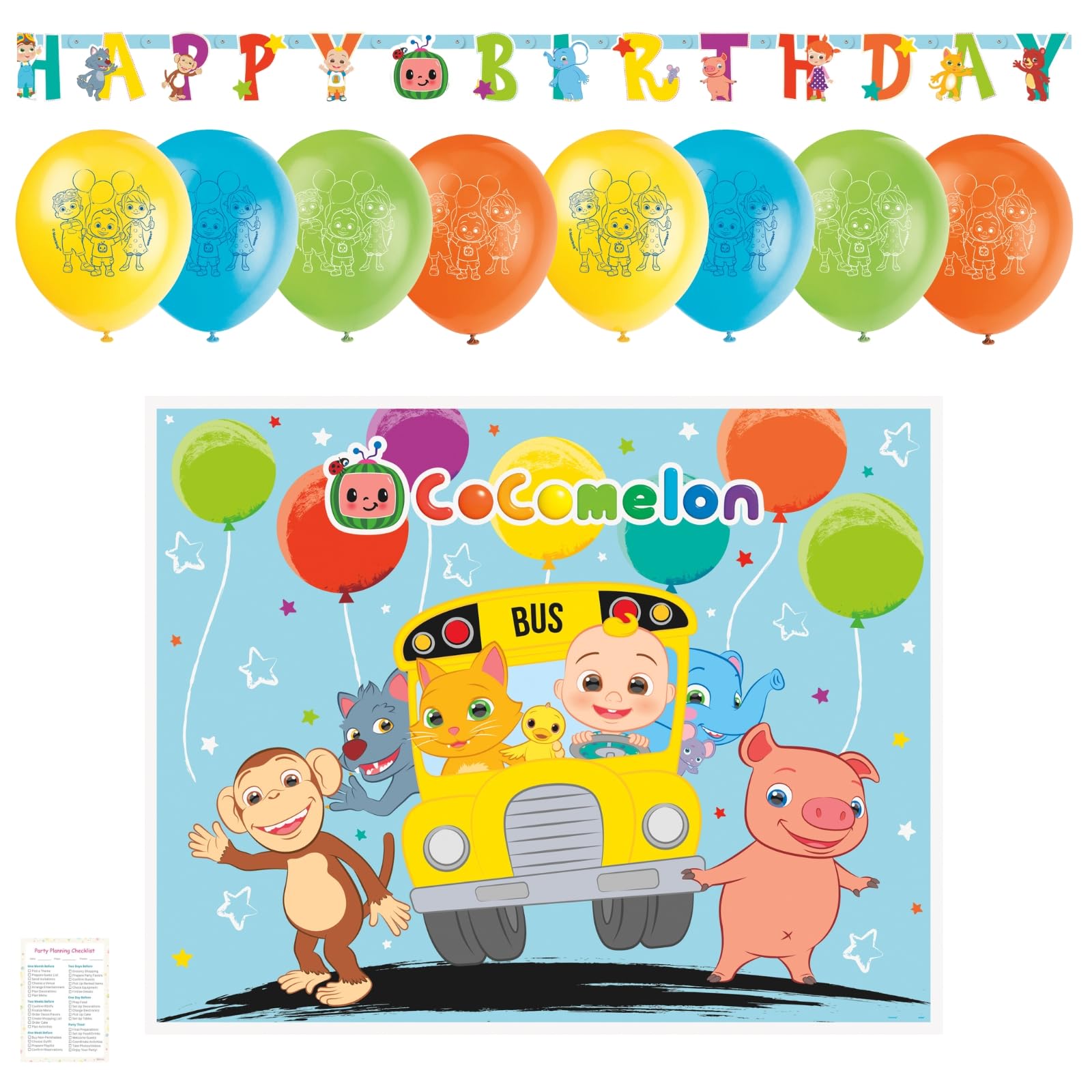 Unique Cocomelon Birthday Party Decorations Bundle - Plastic Cocomelon Backdrop, Cocomelon Banner, Balloons, Checklist - Cocomelon Party Supplies