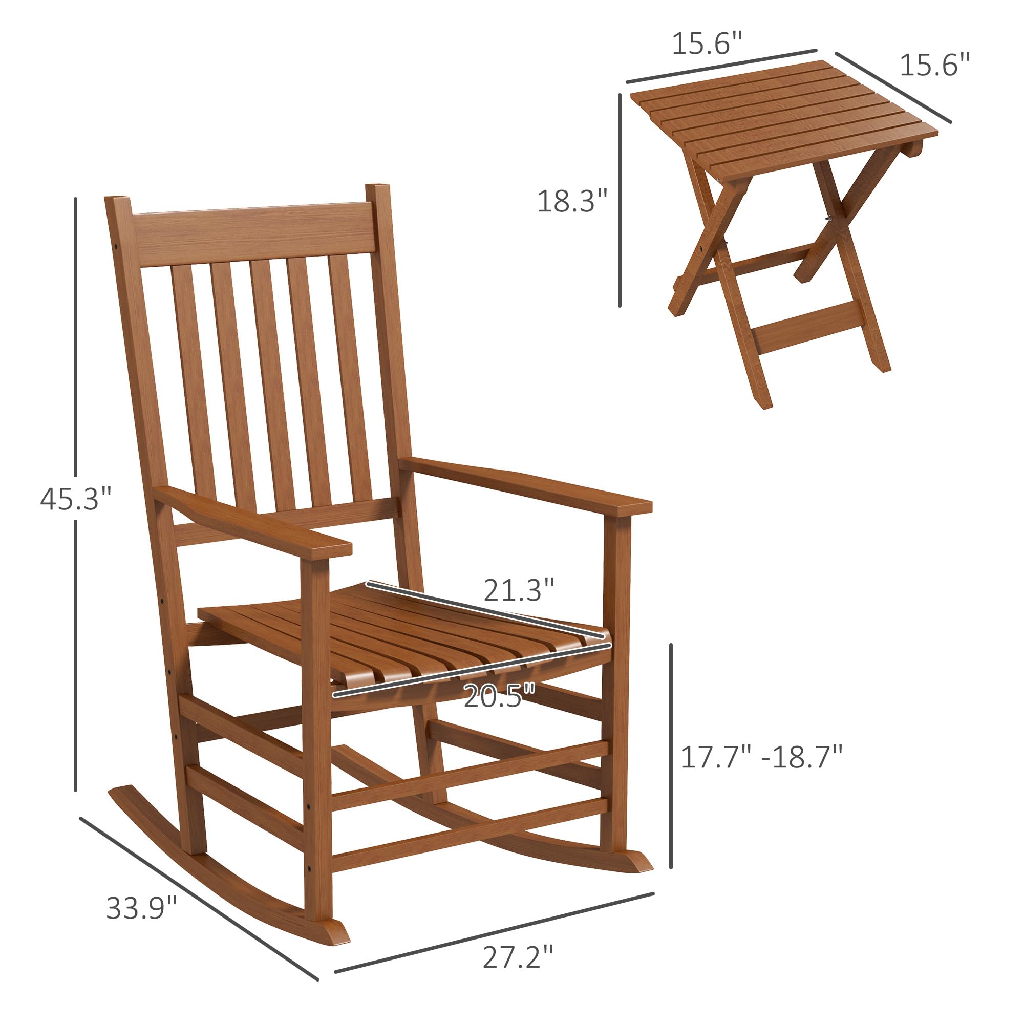 Outsunny Wooden Rocking Chair Set w/Foldable Side Table, Outdoor Rocker Chairs with Curved Armrests, High Back & Slatted Seat for Garden, Balcony, Porch, Supports Up to 352 lbs., Teak