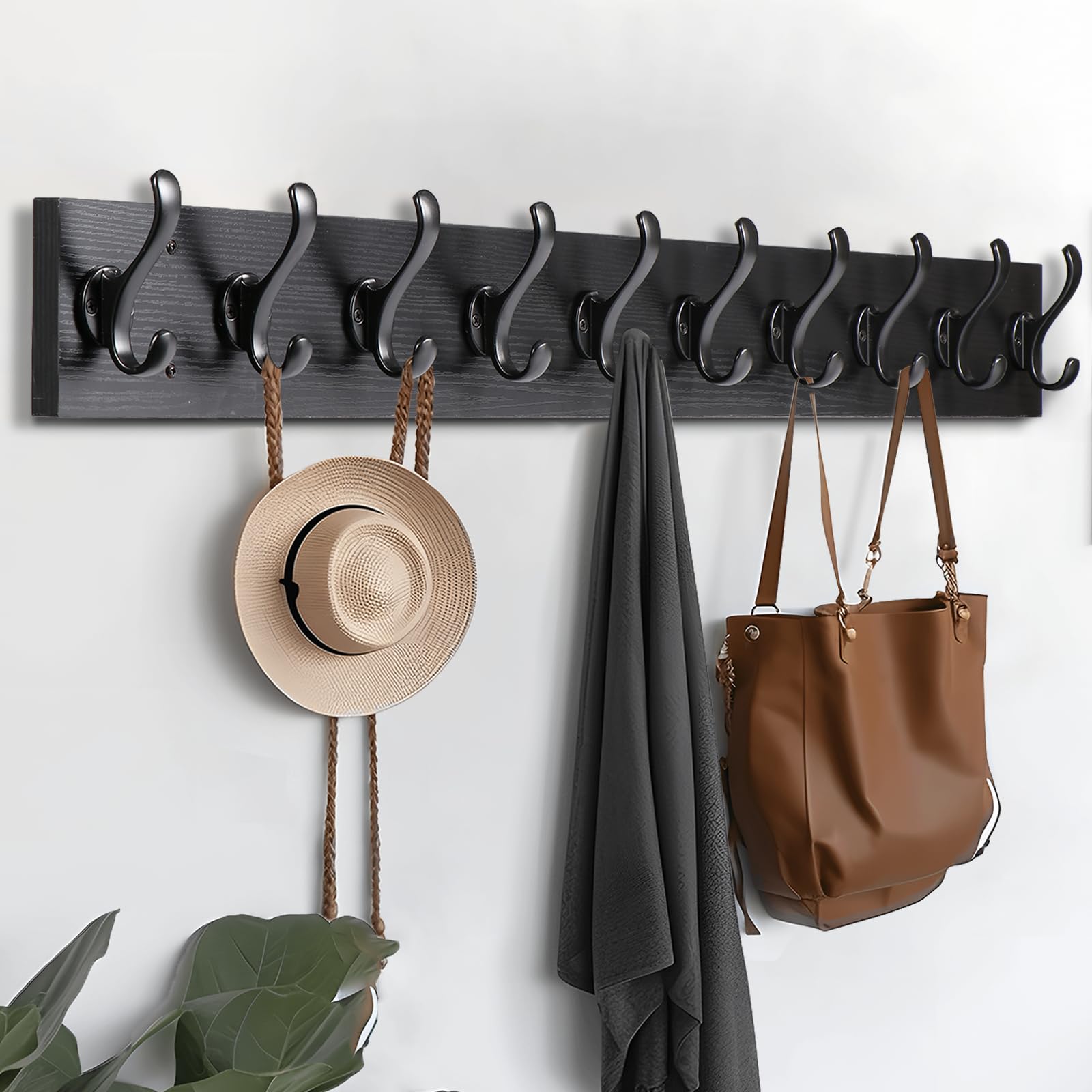 Tatub Black Coat Rack Wall Mount, 38.6" Long Coat Hooks for Wall, Entryway Coat Rack with 10 Hooks, Farmhouse Coat Hanger Wall Mount, Heavy Duty Wall Coat Hooks for Hanging Coat, Hat, Bag, Jacket