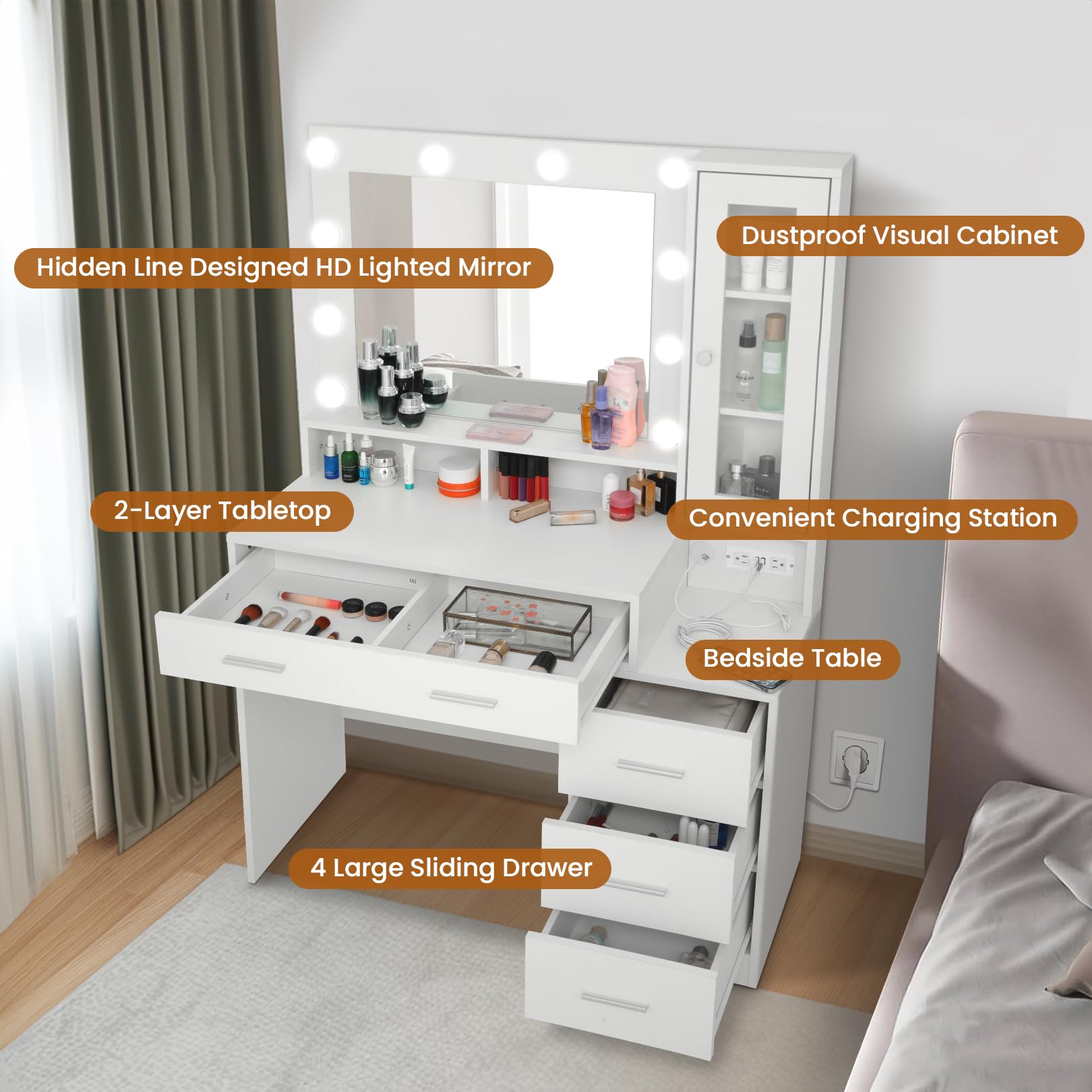 Vanity Desk with Mirror and Lights - White Vanity Table with Power Strip, 4 Drawers and Display Cabinet, 39.5'' Bedroom Makeup Desk with Nightstand and Tabletop Shelf, Brightness Adjustable