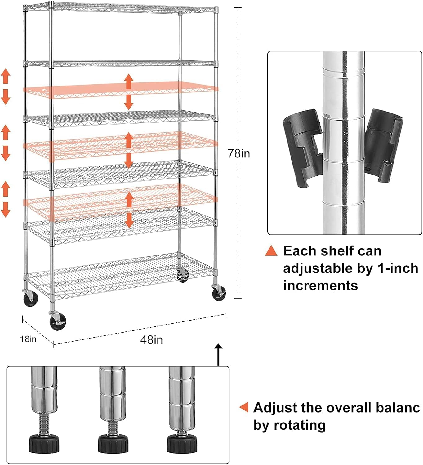 YRLLENSDAN 6000Lbs Capacity Adjustable Storage Shelves Heavy Duty Shelving Unit 6 Tier Metal Shelving with Wheels NSF Wire Shelving (48" W x 18" D x 72" H,Chrome)