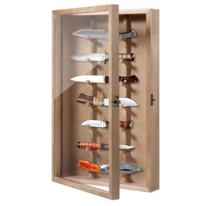 triceratops knife display case with lockable clear acrylic door, wall mount wooden knife display stand, pocket knife display cases for storage, collection, holds up to 7 knifes