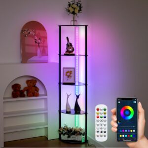 threehoney 5 tiers corner shelf with light display corner bookshelf with light floor corner lamp with shelves corner storage cabinet corner decor for living room home, mobile app and remote control