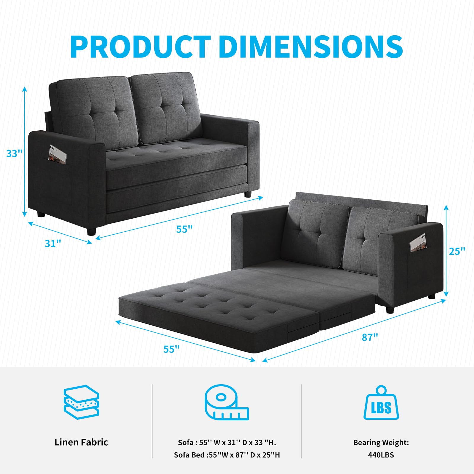 Mjkone Floor Sleeper Sofa Bed, Loveseat Pull Out Sofa Bed, 2-in-1 Folding Futon Sofa Bed with Cushion, Convertible Foldable Floor Gaming Sofa Bed for Living Room, Fold Out Sofa Bed - Dark Gray