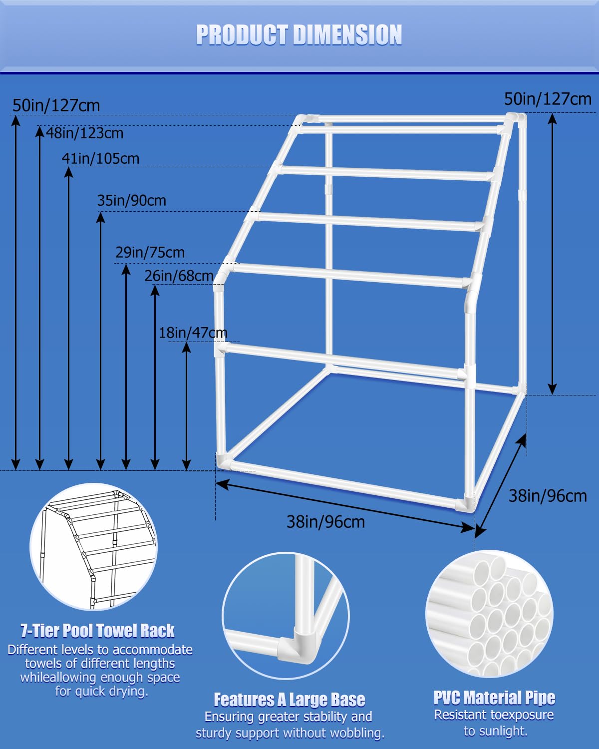 Heavy Duty Outdoor Towel Rack, Hutigertech 7 Tier Freestanding Poolside Pipe Towel Rack with Installation Hammer for Beaches,Swimming Pools,Bathroom