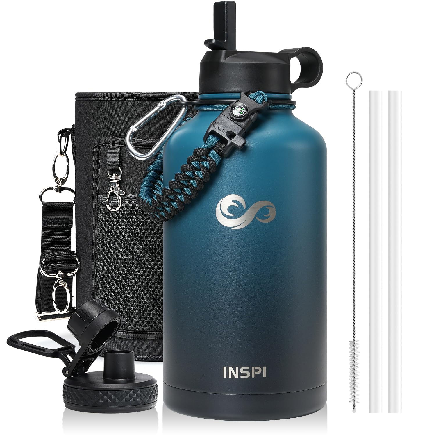 INSPI Insulated Water Bottle with Paracord Handle 64oz,Indigo Black