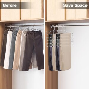 Pants Hangers Space Saving,4 Pack Stainless Steel Non-Slip Hangers for Pants,Multiple S-Shaped Closet Storage Organizer Hanger for Pants Jeans Scarf Towels Leggings