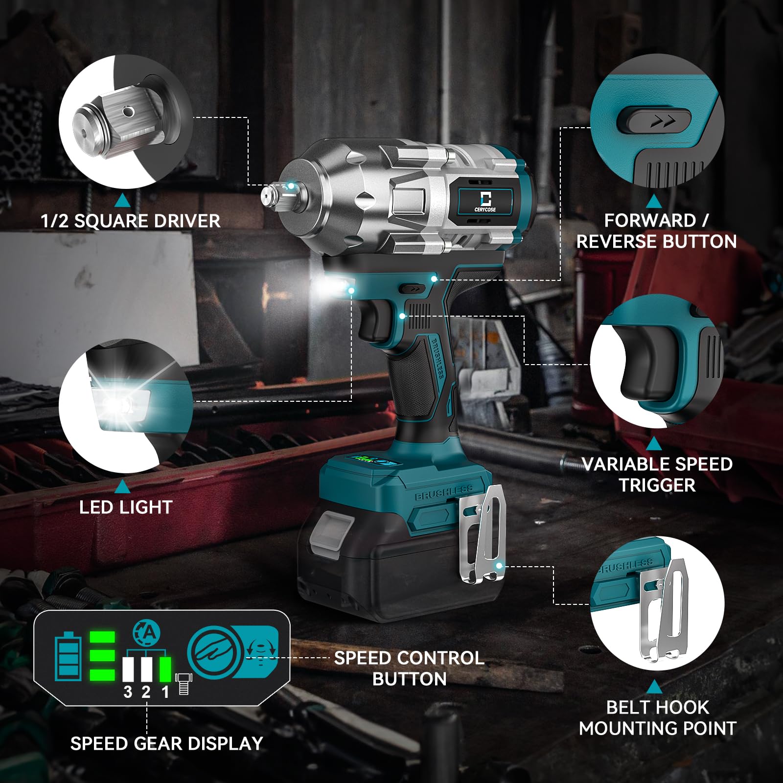 Cordless Impact Wrench 1/2 inch for Makita Battery, 900FT-LBS (1200N.m) Brushless Electric Impact Gun Includes LED Work Light, Bare Tool Only (950Ft-lbs Wrench Bare Tool)