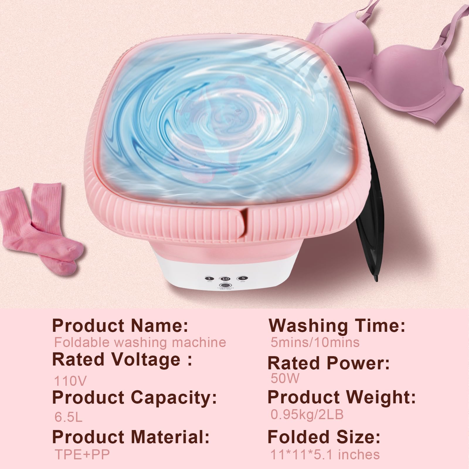 Portable Washing Machine, Mini Washer, 6.5L Foldable Mini Washing Machine with 3 Modes Deep Cleaning of Baby Clothes, Burp Cloths, Underwear, Socks, Shirt for Apartment, Dorm, RV Travel Laundry