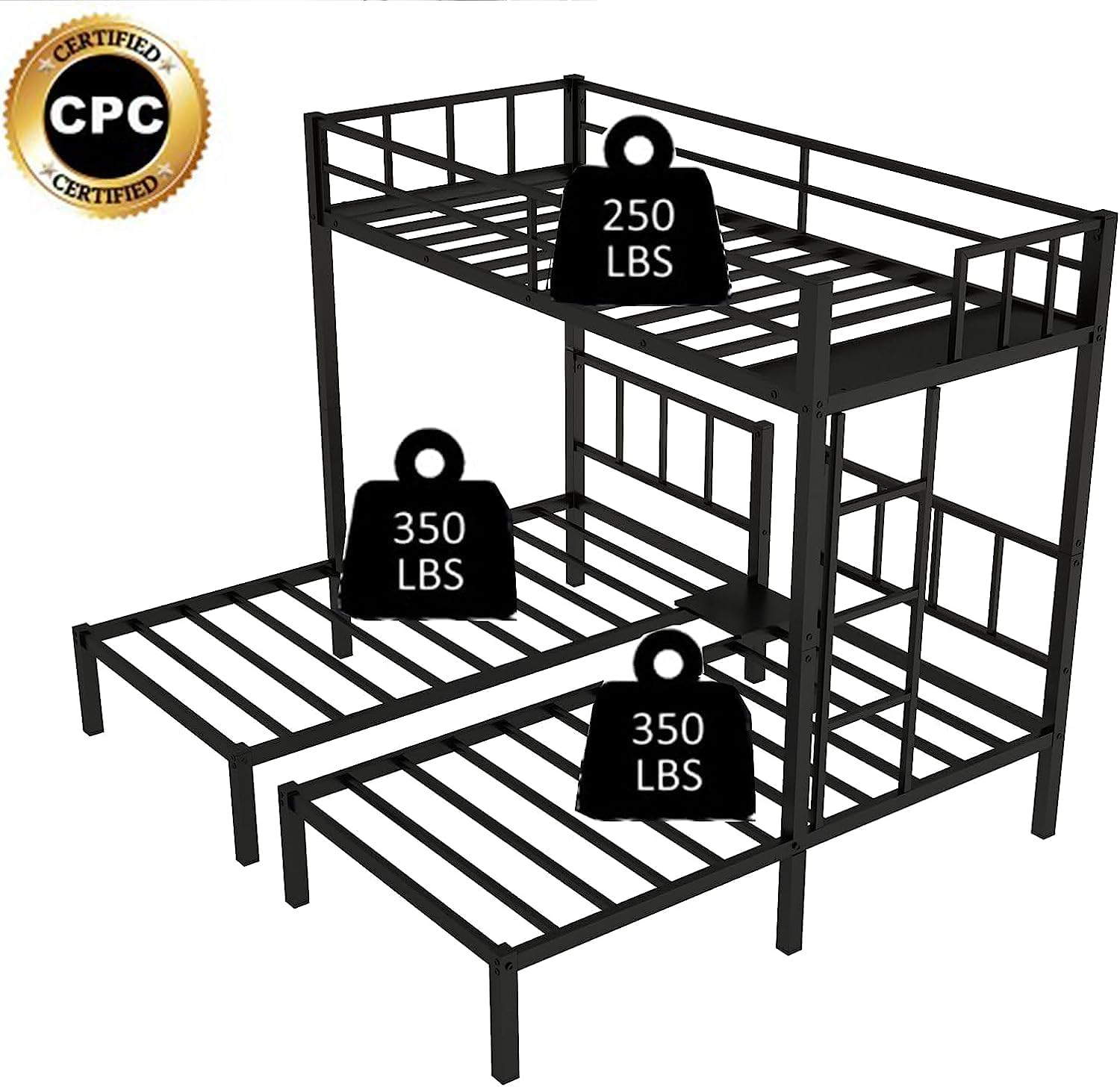 Black Metal Triple Bunk Beds Frame, Twin Over Twin & Twin Bunk Bed with Guardrails, Can Be Separated into 3 Twin Beds for Kids, Teens, Adults, No Box Spring Needed