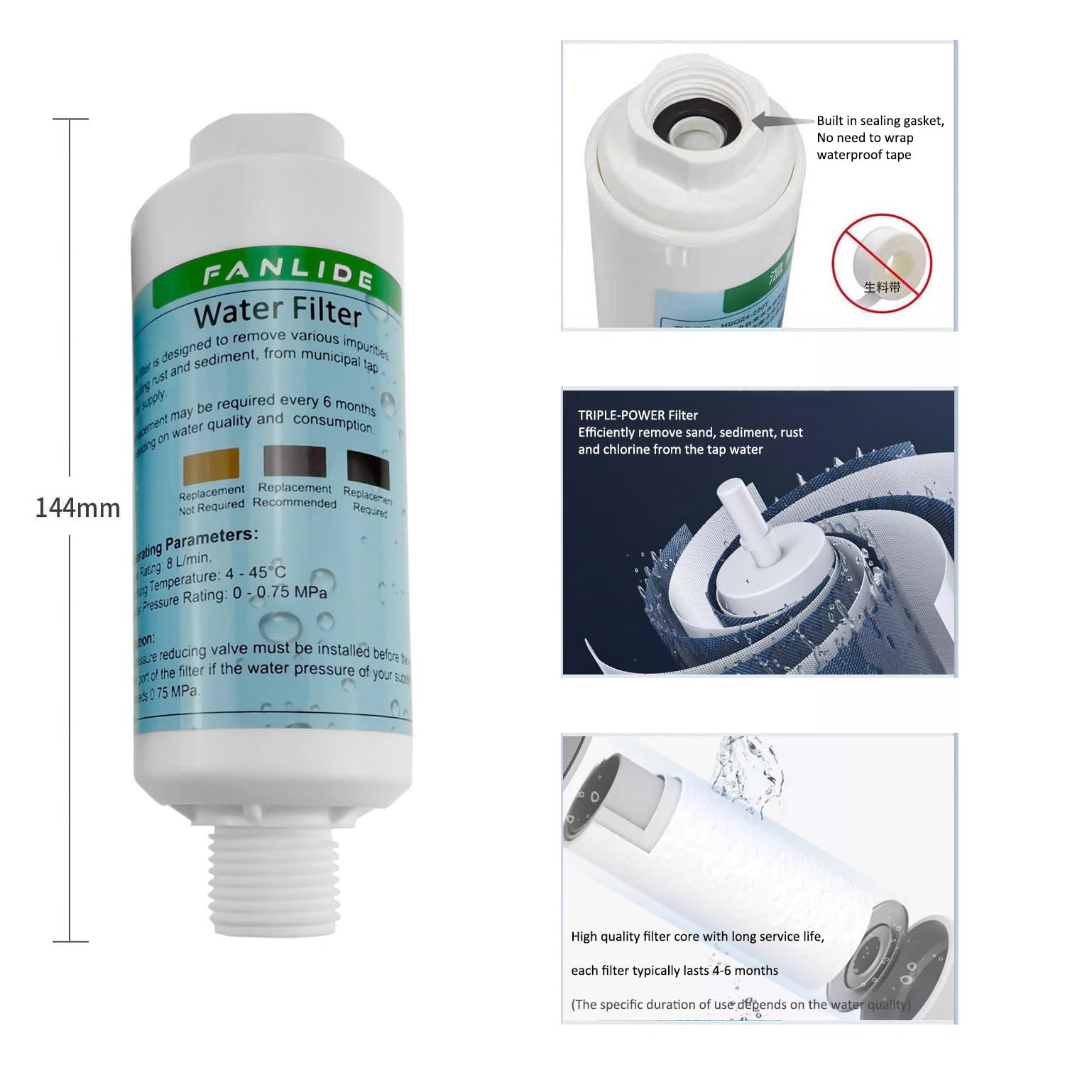 FANLIDE Bidet water filter for electronic bidet seats, Toilet water filter system, compatible with 1/2" 1/4" 3/8" Bidet hose (2 Filters + 2 Adapter)