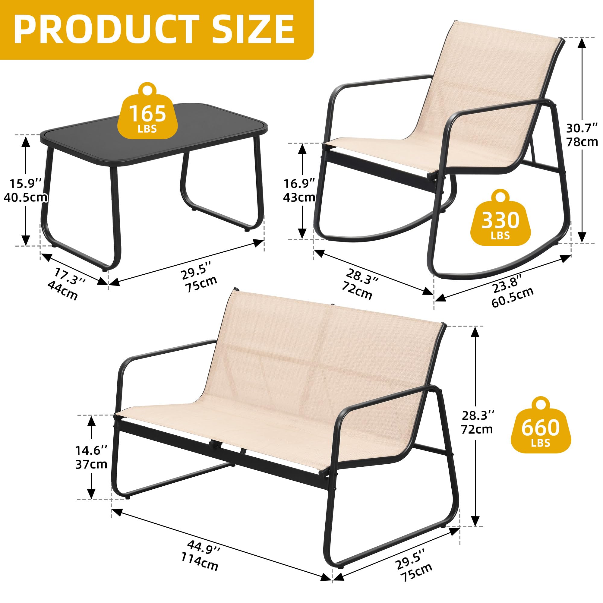 DWVO 4 Piece Patio Furniture Set, Outdoor Conversation Sets for Patio, Lawn, Garden, Poolside with Rocking Chair Set of 2 and Glass Coffee Table - Brown