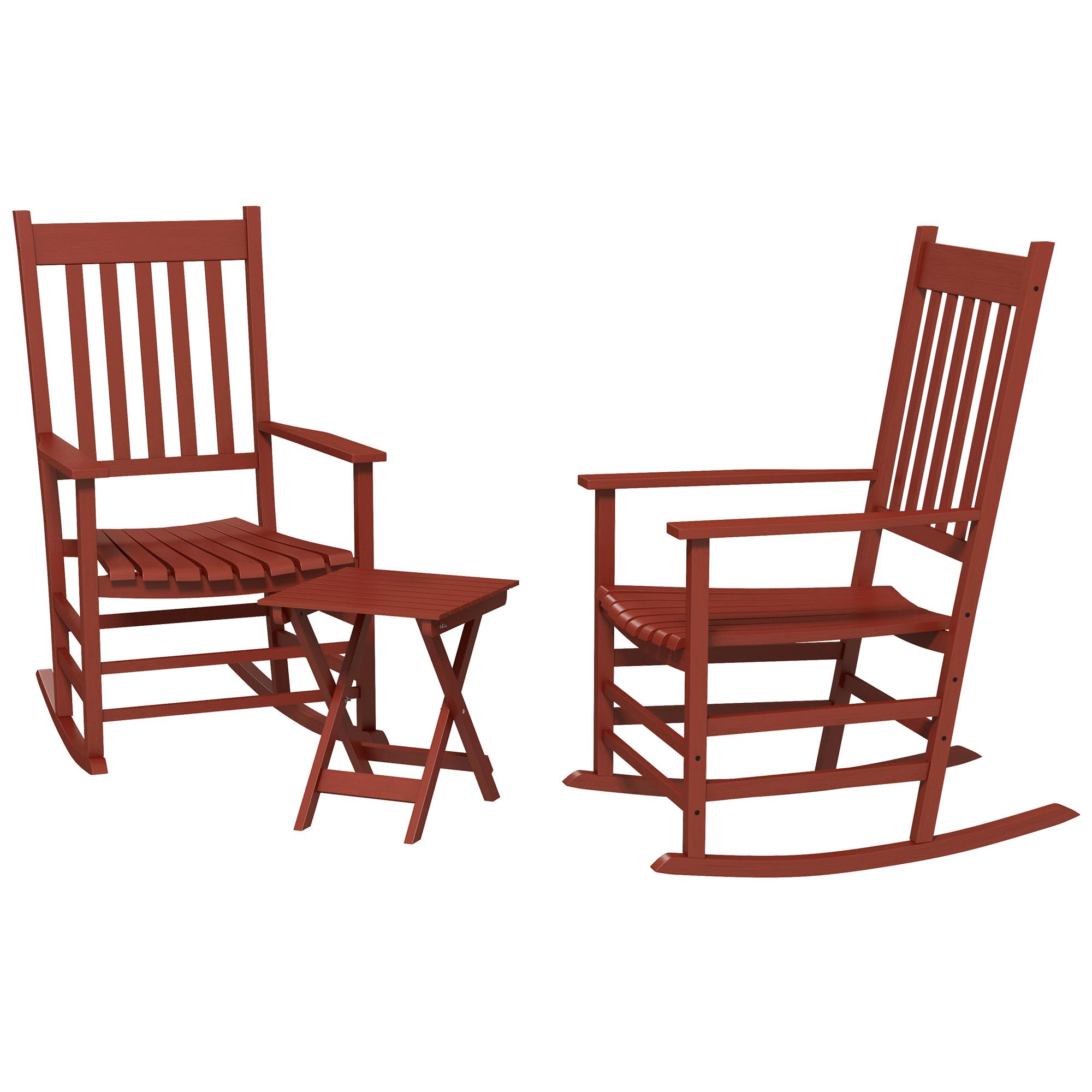 Outsunny Outdoor Rocking Chair Set of 2 with Side Table, Patio Wooden Rocking Chair with Smooth Armrests, High Back for Garden, Balcony, Porch, Supports Up to 352 lbs, Wine Red