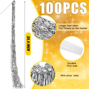 Motionchic 100 Pcs Wedding Wands Bulk 35.4 Inches Long Metallic Foil Christmas Tinsel Sticks with Bells Glitter Foil Tinsel Streamers for Bridal Wedding Send Off Ideas Celebration Supplies(Silver)