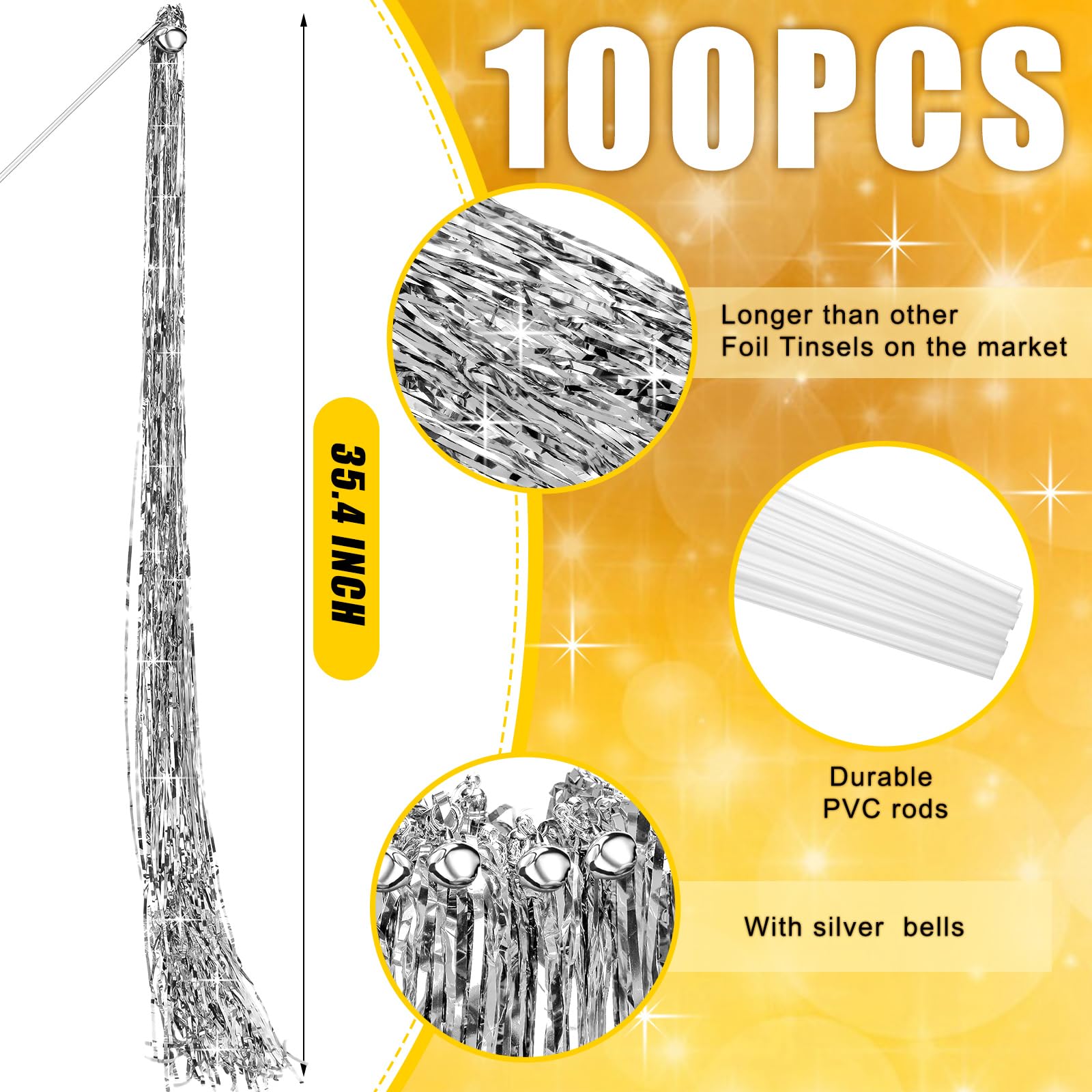 Motionchic 100 Pcs Wedding Wands Bulk 35.4 Inches Long Metallic Foil Christmas Tinsel Sticks with Bells Glitter Foil Tinsel Streamers for Bridal Wedding Send Off Ideas Celebration Supplies(Silver)