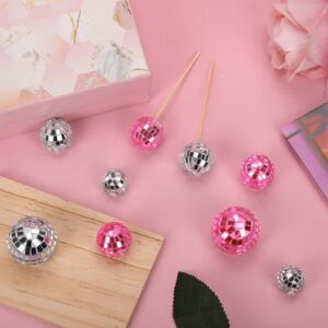 30pcs Disco Ball Cupcake Toppers, 70s Retro Cake Decorations with Stick Shiny Mini Disco Ball Picks Disco Theme Party Supplies for Dessert Birthday Decorations Ornament Small (Pink, Silver)