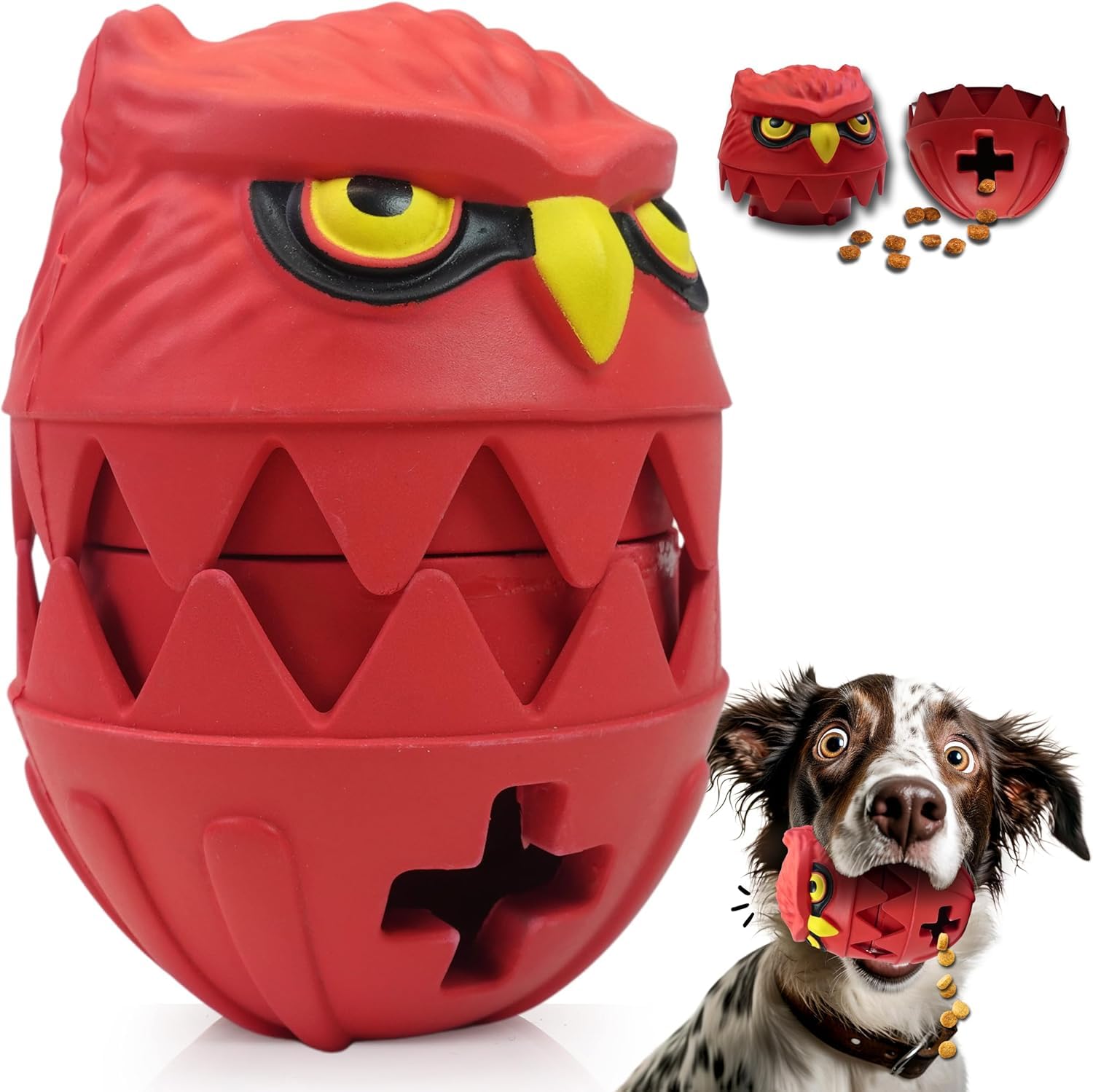 WapaW Owl Squeaky Dog Toy - Natural Rubber Treat Dispensing Dog Toys for Small & Medium Dogs, Indestructible Dog Chew Toys for Aggressive Chewer, Tough Dog Toothbrush Toy (Red Owl)