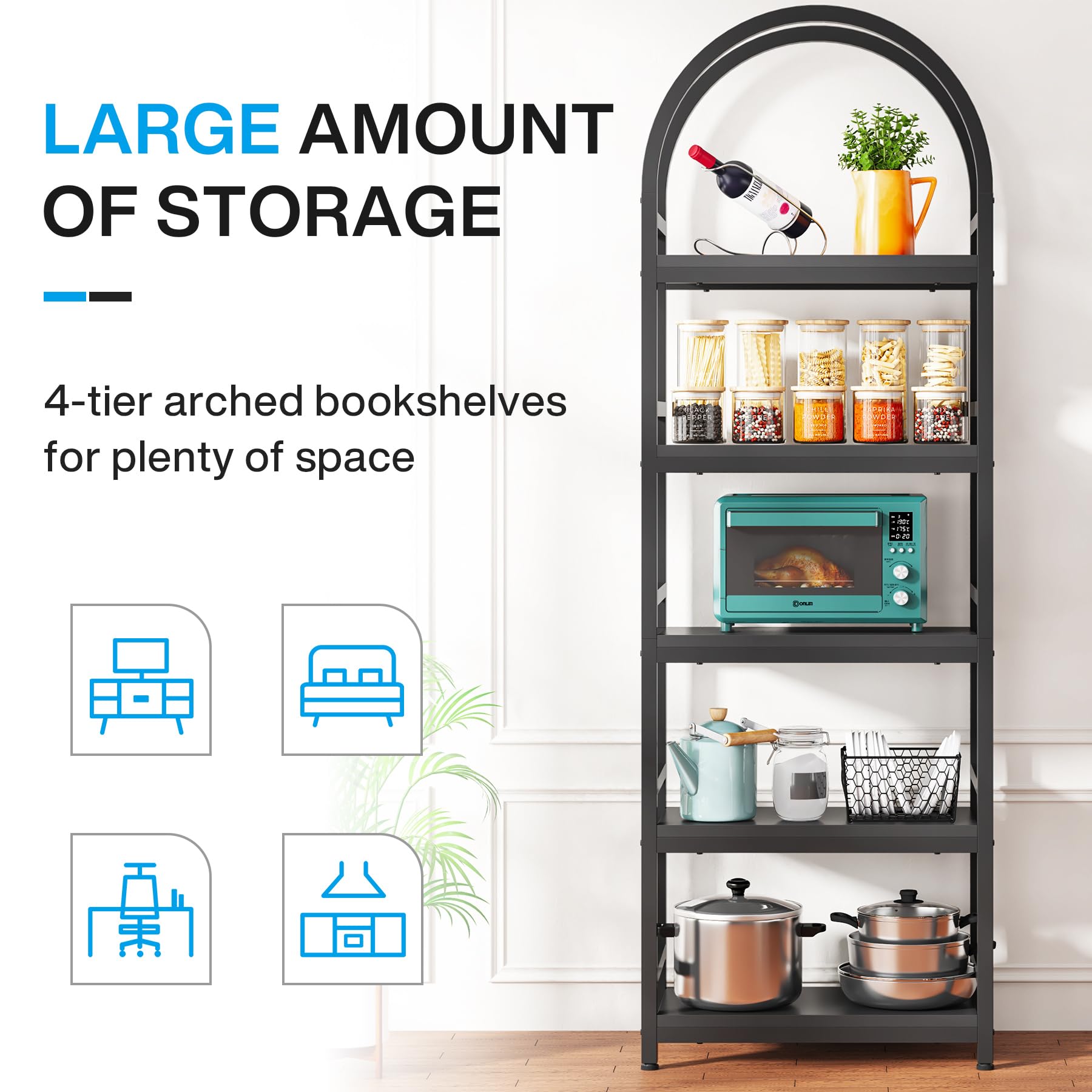 Tribesigns 5-Tier Open Bookshelf, 74.4" Industrial Arched Bookcase Storage Shelves with Metal Frame, Farmhouse Storage Rack Tall Standing Bookshelves for Bedroom, Living Room, Home Office