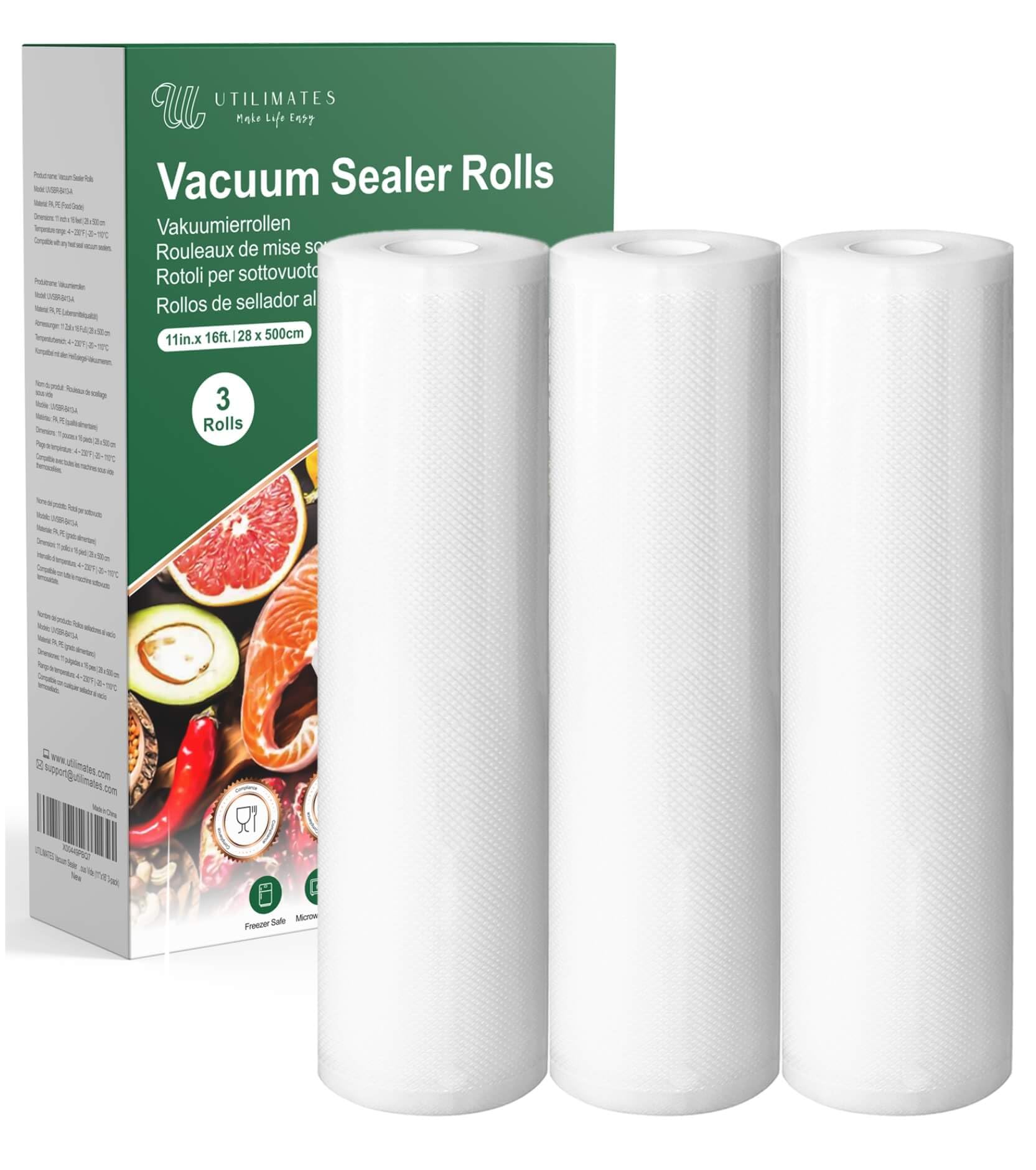 UTILIMATES Vacuum Sealer Bags for Food, BPA-free Puncture Prevention Heavy Duty Vacuum Sealer Bags Rolls 11 Inch 16 Feet 3-pack, Ideal for Custom Fit Food Saver, Seal a Meal, or Sous Vide