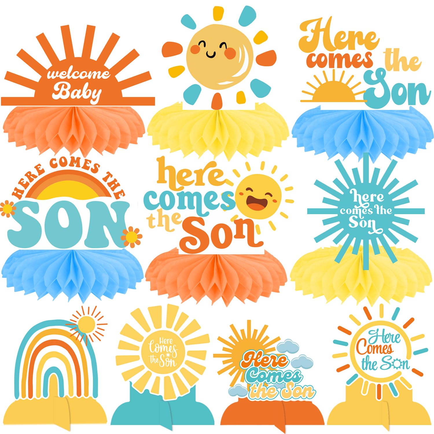 Here Comes The Son Honeycomb Centerpieces Here Comes The Son Baby Shower Decorations 13Pcs Sun Centerpieces for Table Sunshine Baby Shower Supplies Boho Sun Rainbow Party Table Decoration