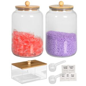 laundry pods glass jars container set, 2 pack -0.8 gallon airtight container for with 5 labels for laundry room detergent powder,scent beads organization and storage,1 pack- dryer sheet holder.