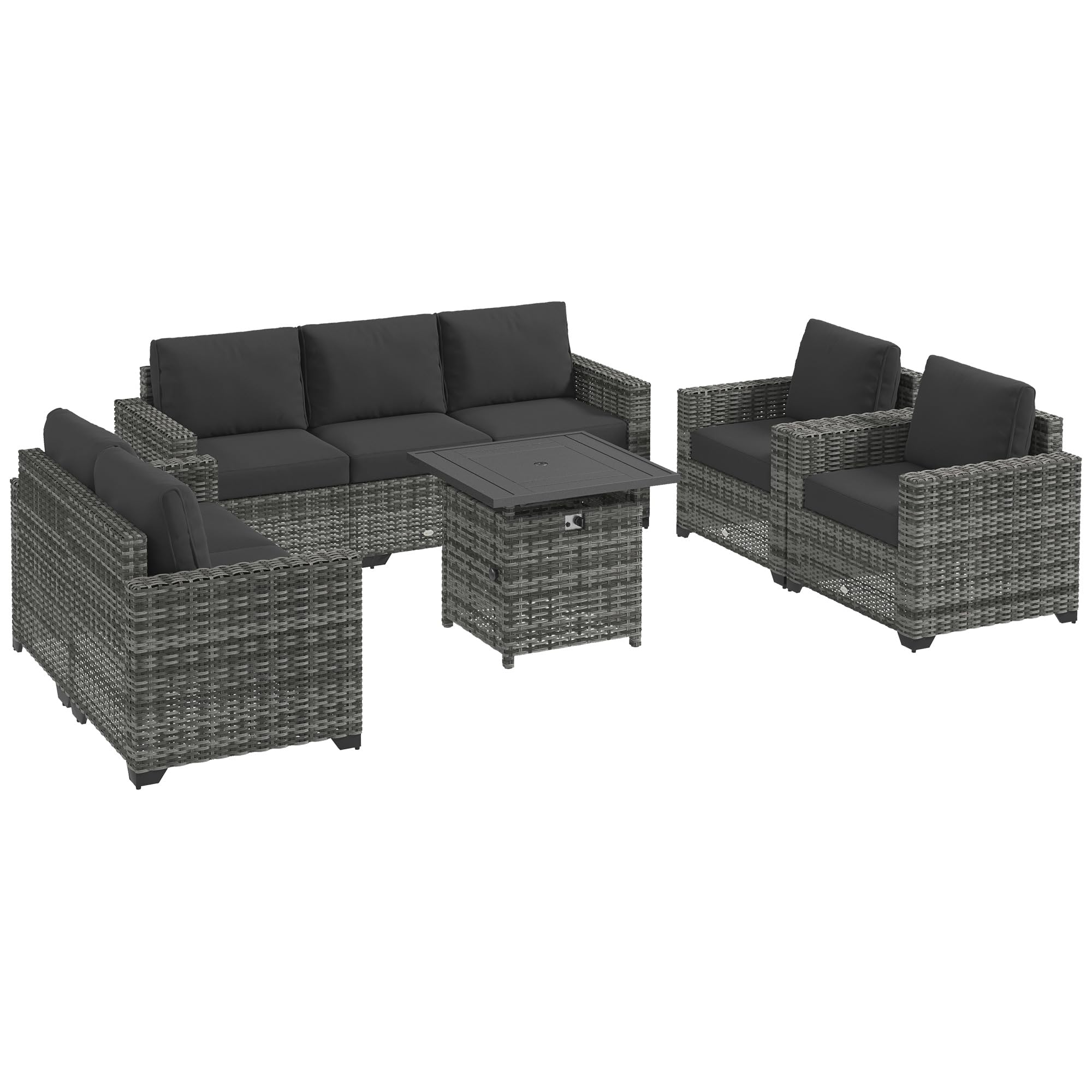 Outsunny 5 Piece Patio Furniture Set with Cushions, Outdoor PE Rattan Wicker Conversation Sofa Set with 30" Fire Pit Coffee Table, Dark Gray