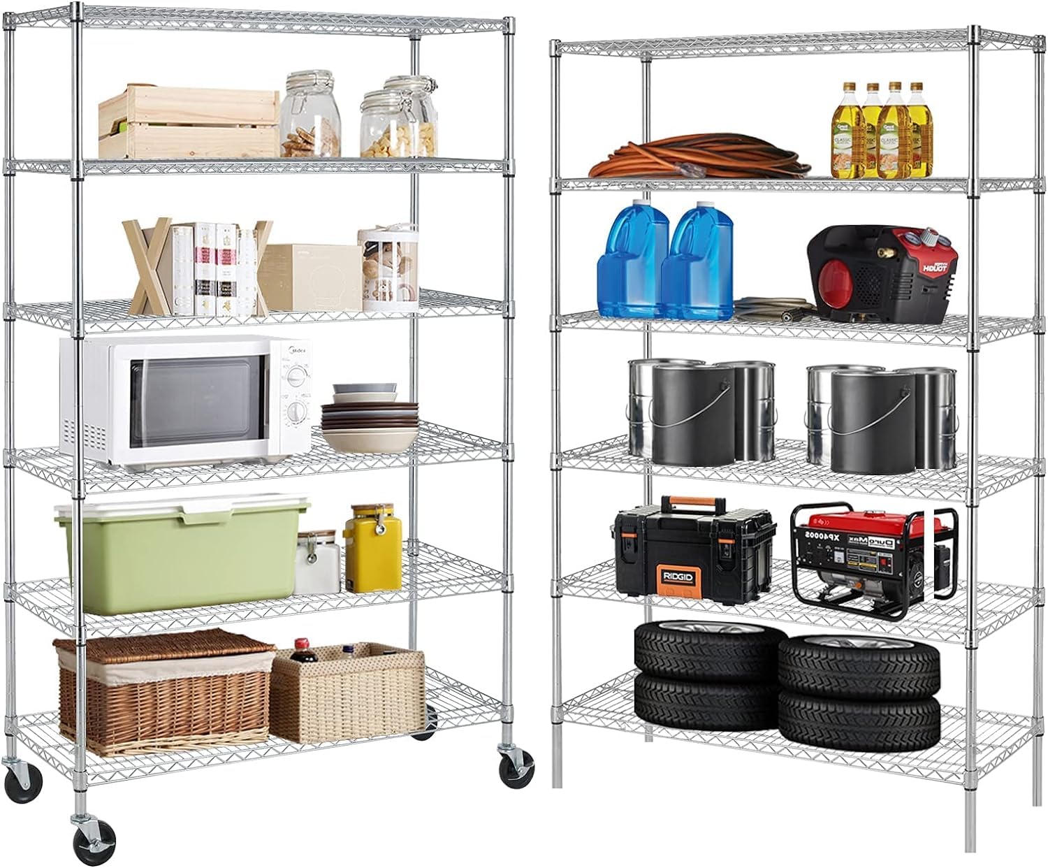 YRLLENSDAN 6000Lbs Capacity Adjustable Storage Shelves Heavy Duty Shelving Unit 6 Tier Metal Shelving with Wheels NSF Wire Shelving (48" W x 18" D x 72" H,Chrome)