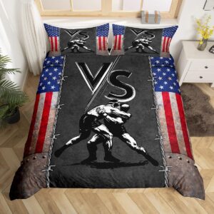 wrestler silhouette duvet cover set full size,wrestling sports bedding set 3pcs for kids boys men adult bedroom decor,american flag comforter cover vintage grey patchwork quilt cover,2 pillowcases