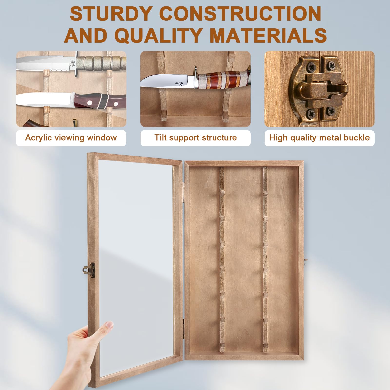 Triceratops Knife Display Case with Lockable Clear Acrylic Door, Wall Mount Wooden Knife Display Stand, Pocket Knife Display Cases for Storage, Collection, Holds up to 7 Knifes