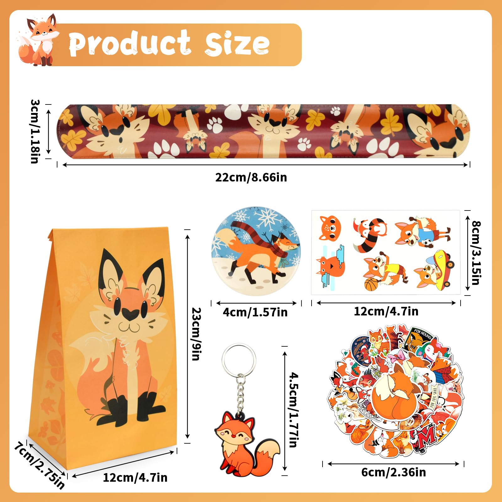 BOIKOKY 110Pcs Fox Birthday Decorations Fox Party Favors with Slap Bracelets Keychain Temporary Tattoo Stickers Badges Gift Bags for Kids Woodland Baby Shower Jungle Safari Party Supplies