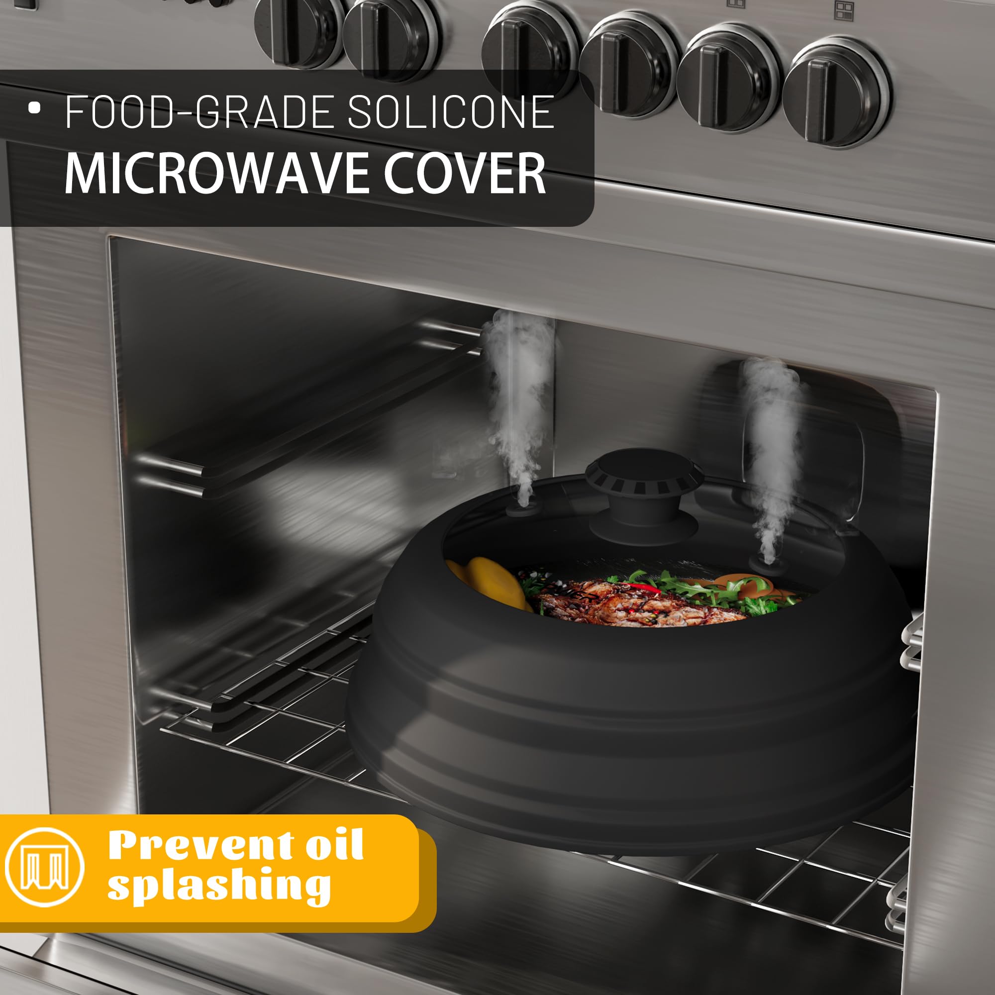 Microwave Splatter Cover, Vented Silicone and Glass Cover Splatter Guard Lid, Food Collapsible Plate Cover Lid with Easy Grip Handle, Anti-Splatter Lid Fits 6-7- 8-9 inch Plates & Bowls.