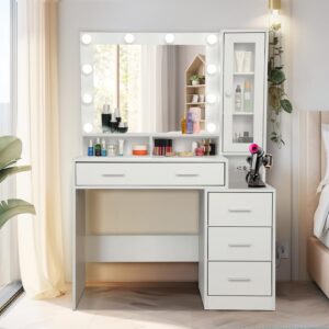 vanity desk with mirror and lights - white vanity table with power strip, 4 drawers and display cabinet, 39.5'' bedroom makeup desk with nightstand and tabletop shelf, brightness adjustable