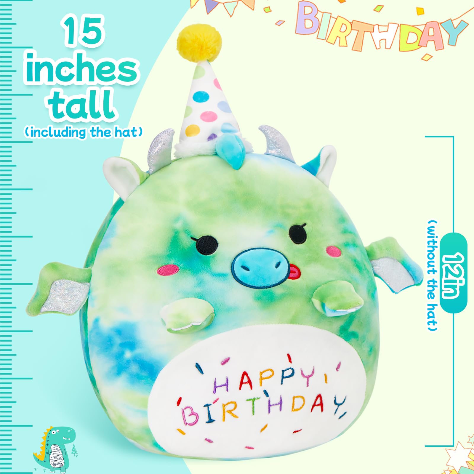 BSTAOFY 15'' Cute Happy Birthday Dinosaur Soft Plush Pillow Green Dinosaur Birthday Stuffed Animal Gifts for Boys Girls Baby Kids