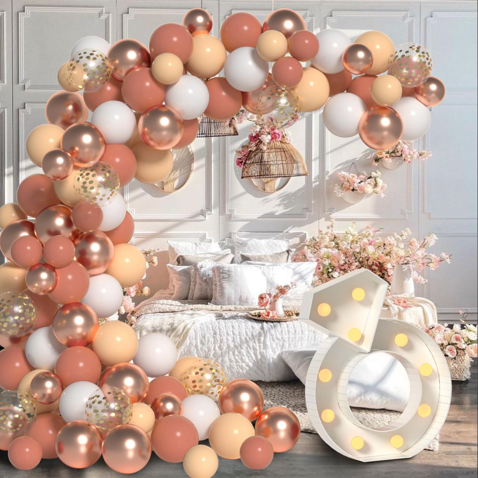 Bachelorette Party Decorations, LYVEEF Rose Gold Bridal Shower Decor, 111 PCS Blush Pink Balloons Garland Arch Kit with Bride To Be Balloons, Confetti Balloons, DIY Marquee Light Up Ring and Backdrop