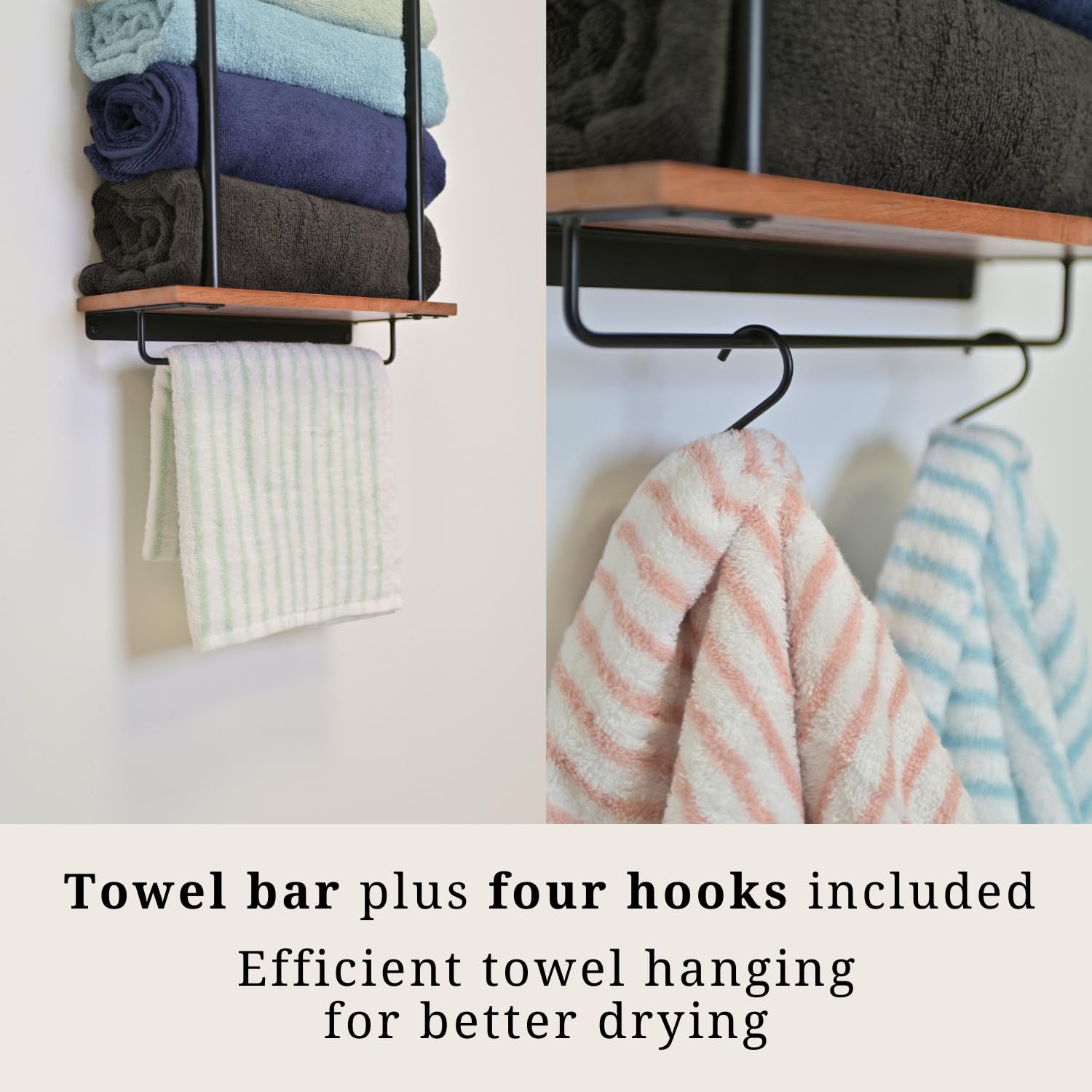 Bel Air Ateliers Premium Bathroom Furniture Towel Storage Rack - Wall Mounted Towel Rack for Bathroom, Durable Metal and Wood Towel Holder for Bathroom Wall, Large Towel Racks, Small Bathroom Storage