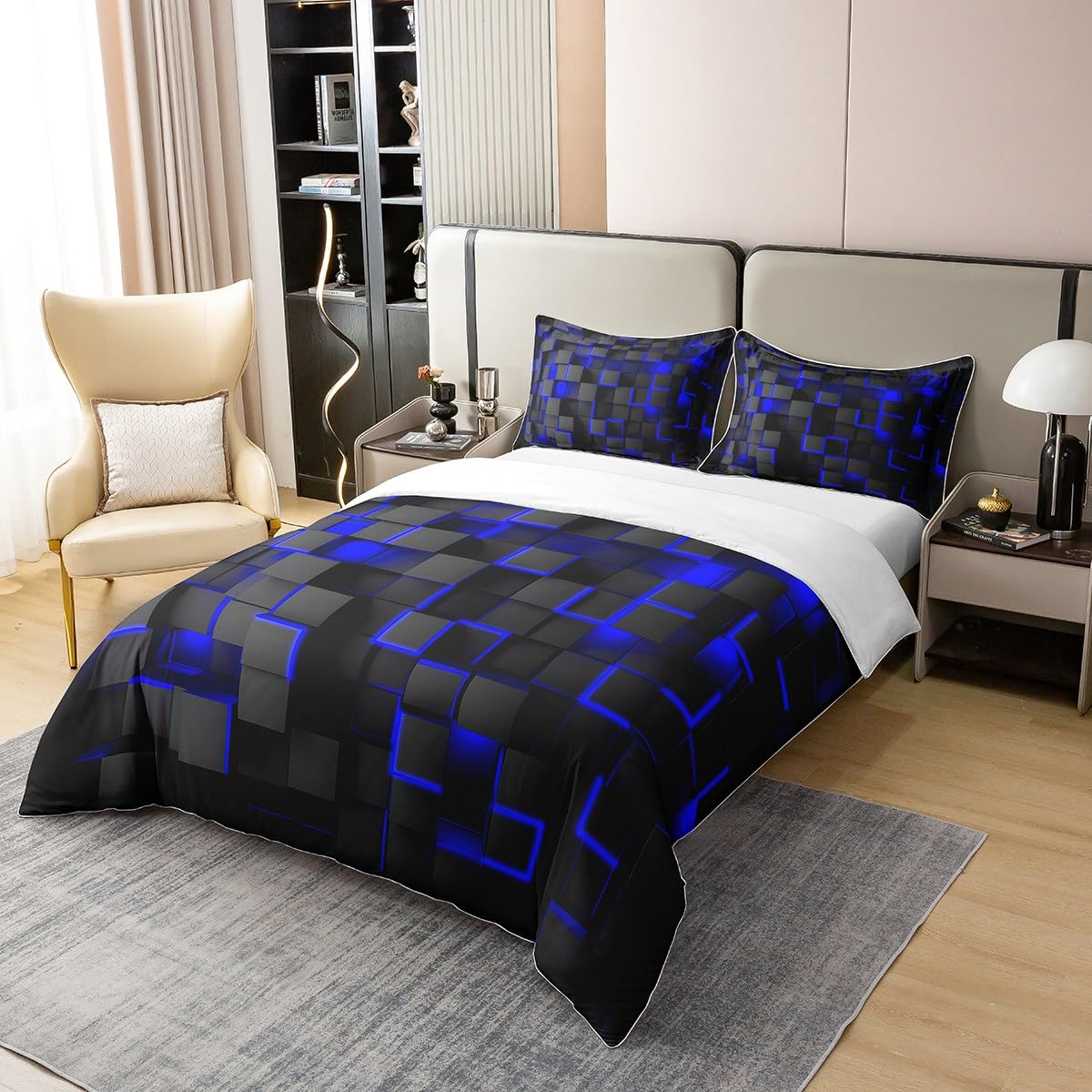 Feelyou Blue and Black Bedding Duvet Cover Set 100% Cotton Full Size Light Geometric Bedding Set for Kids Boys Girls Geometry Decor Comforter Cover Set Modern Style Bedspread Cover