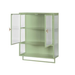 Royard Oaktree Metal Wall Cabinet with Glass Doors Wall Mounted Storage Cabinet with Open Shelf and Towel Bar Modern Medicine Cabinet for Kitchen Bathroom Living Room, Green