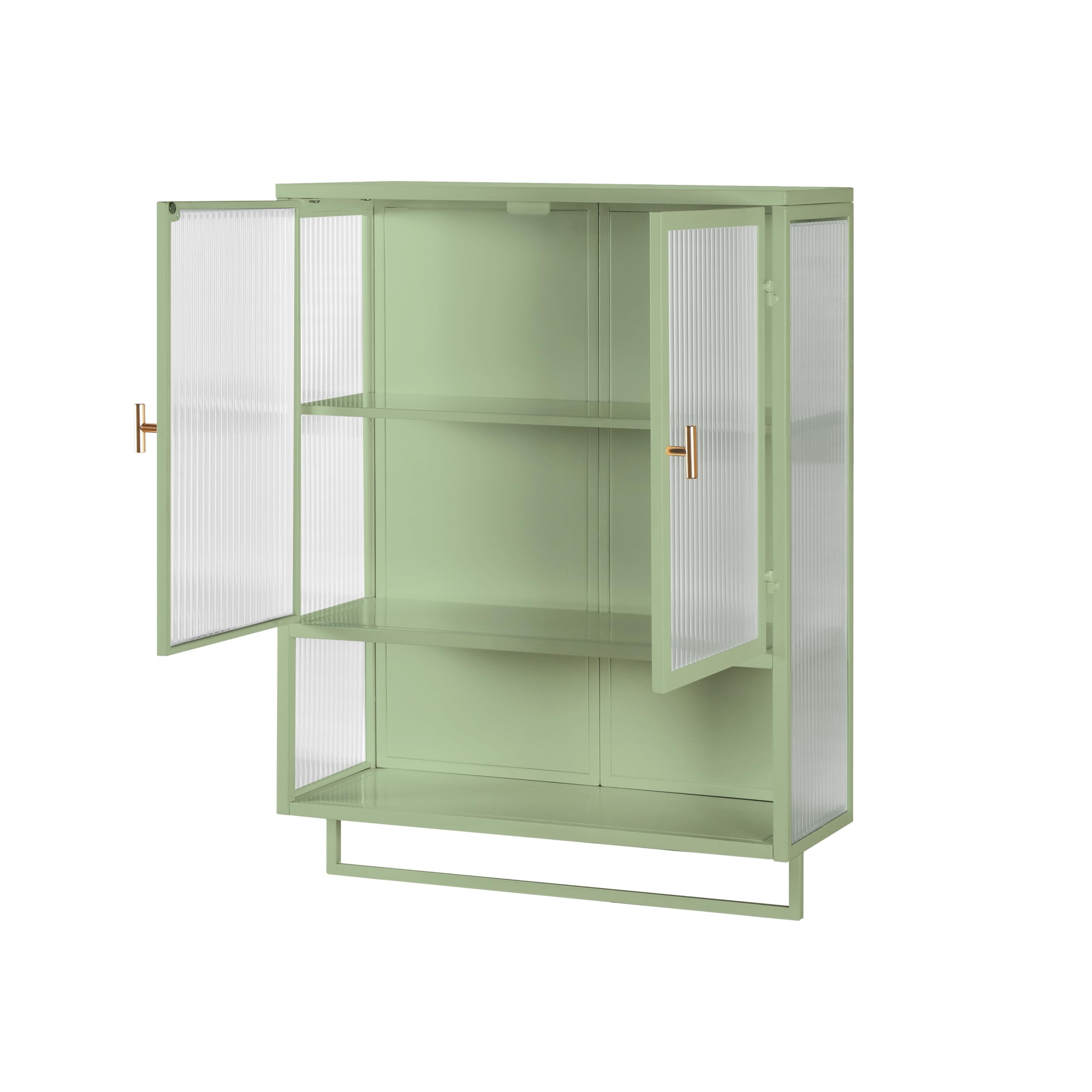 Royard Oaktree Metal Wall Cabinet with Glass Doors Wall Mounted Storage Cabinet with Open Shelf and Towel Bar Modern Medicine Cabinet for Kitchen Bathroom Living Room, Green