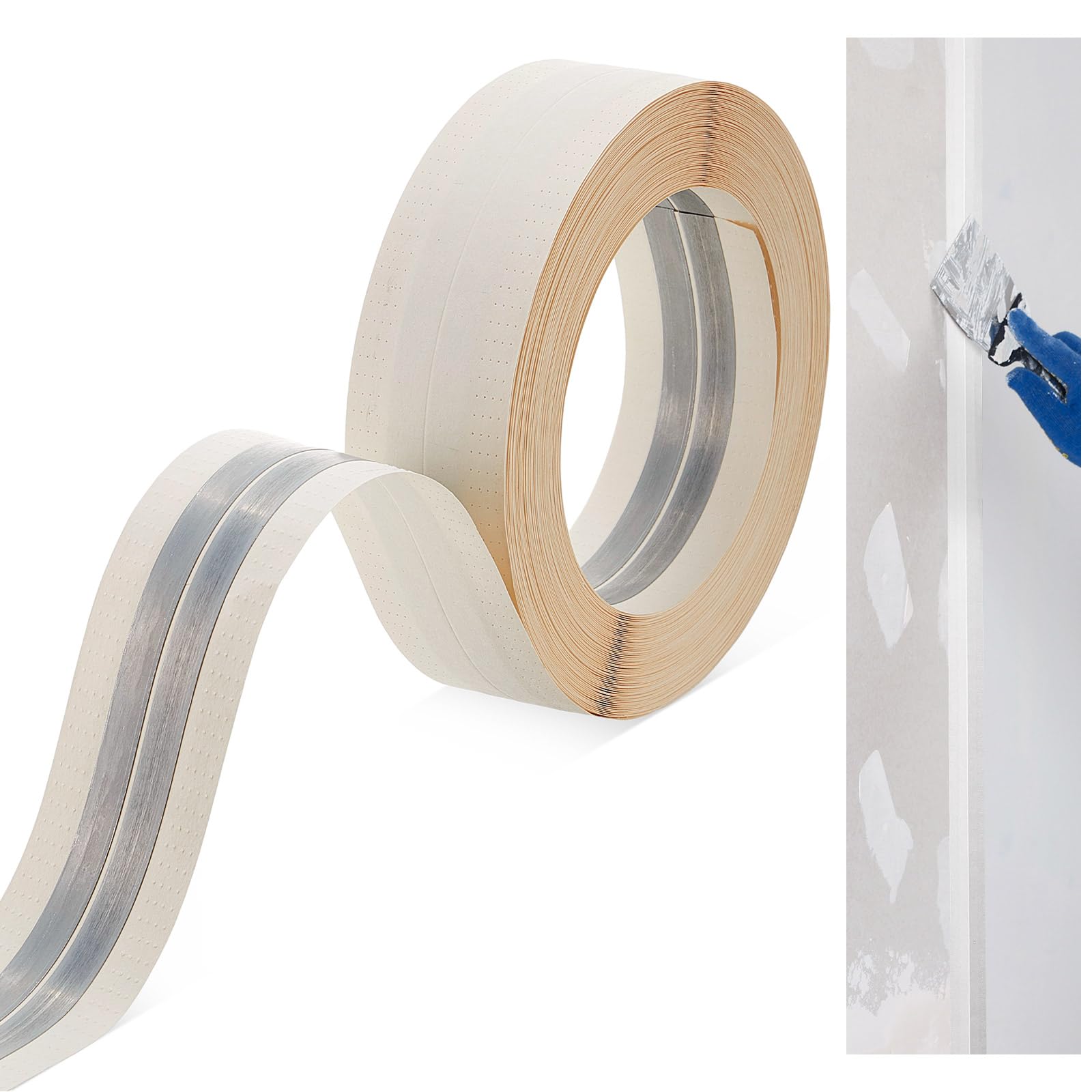 Pangda 150 Feet by 2 Inch Reinforced Corner Drywall Tape Inside Outside Corner Tape Drywall Tape with Metal No Adhesive Side for Wall Crack Repair Tool