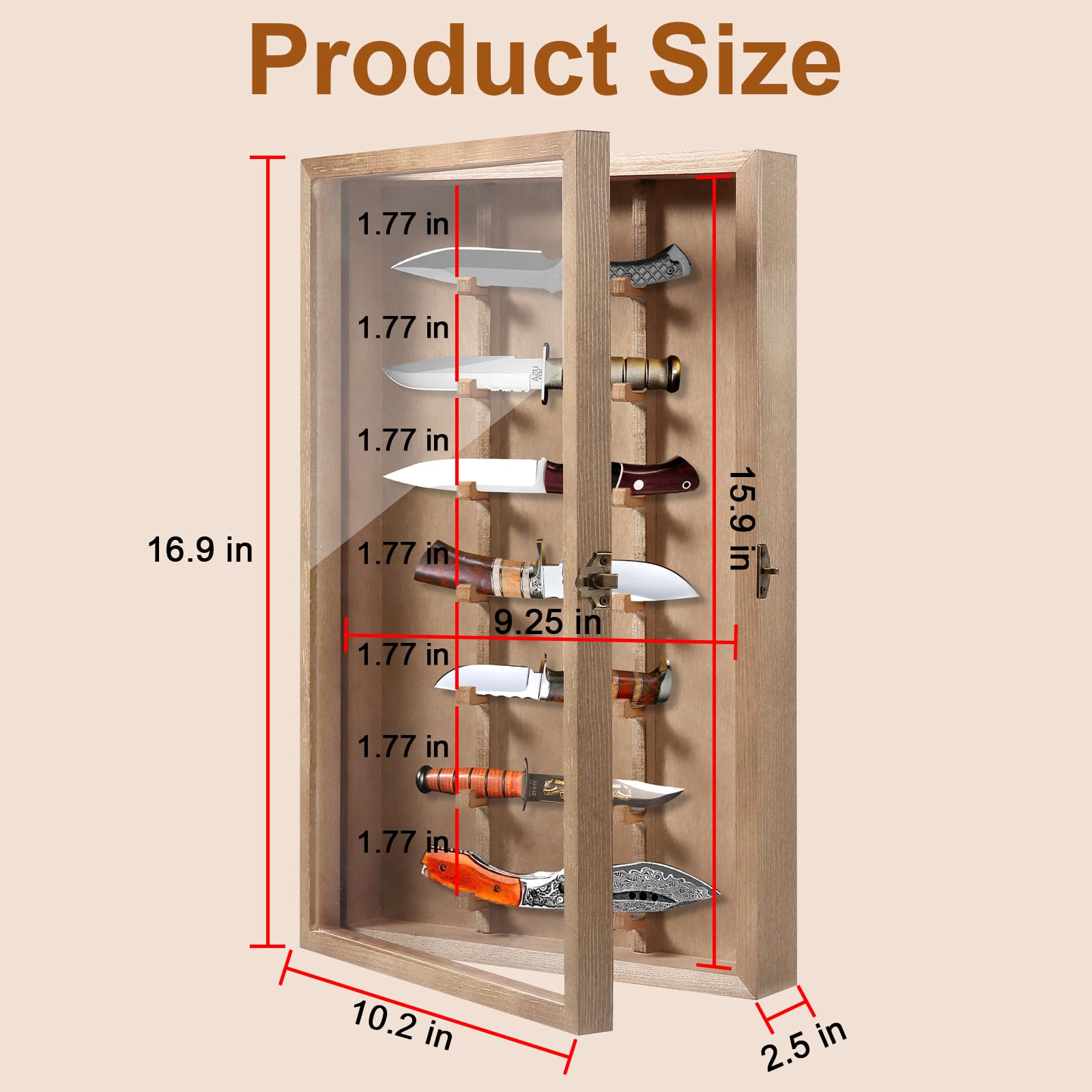 Triceratops Knife Display Case with Lockable Clear Acrylic Door, Wall Mount Wooden Knife Display Stand, Pocket Knife Display Cases for Storage, Collection, Holds up to 7 Knifes