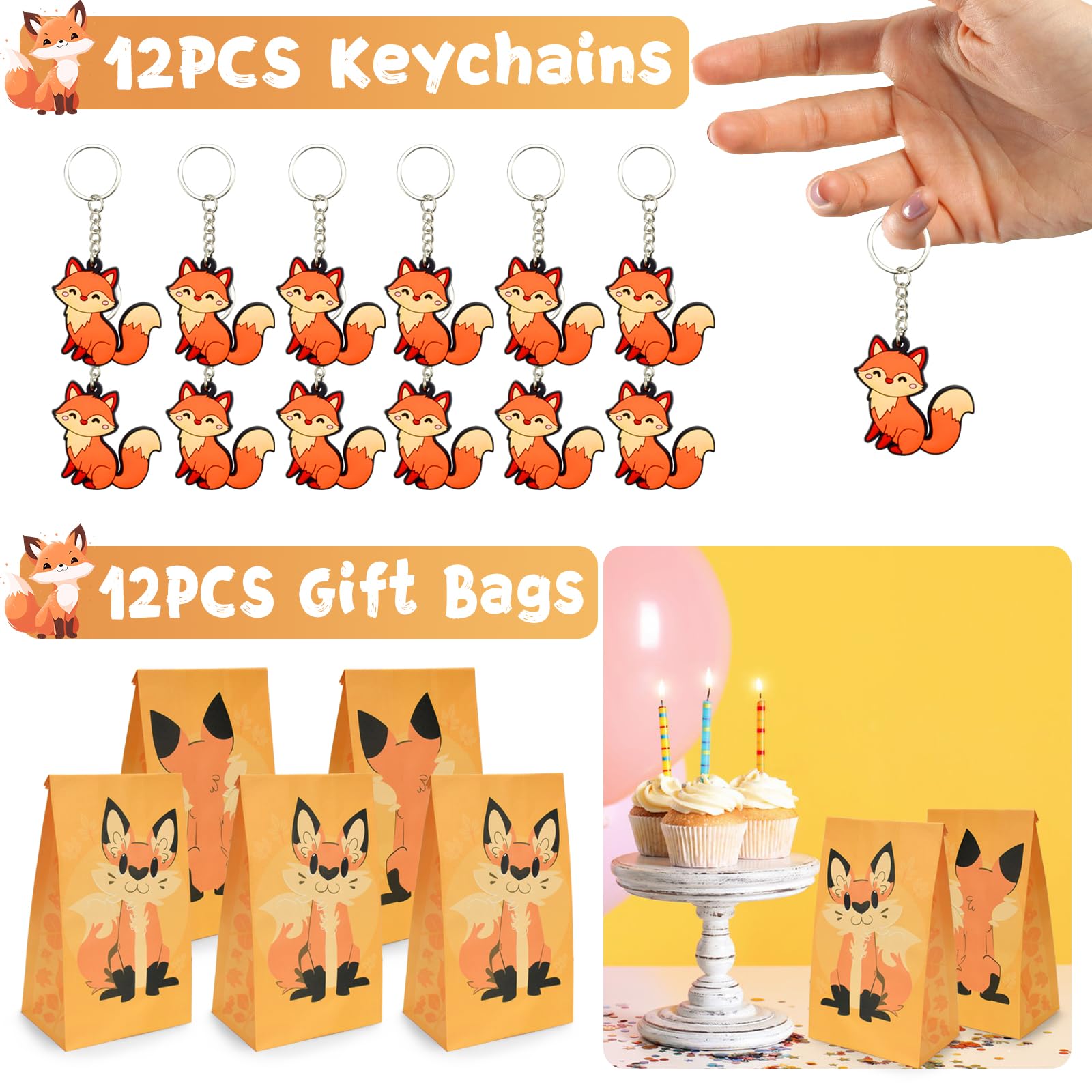 BOIKOKY 110Pcs Fox Birthday Decorations Fox Party Favors with Slap Bracelets Keychain Temporary Tattoo Stickers Badges Gift Bags for Kids Woodland Baby Shower Jungle Safari Party Supplies