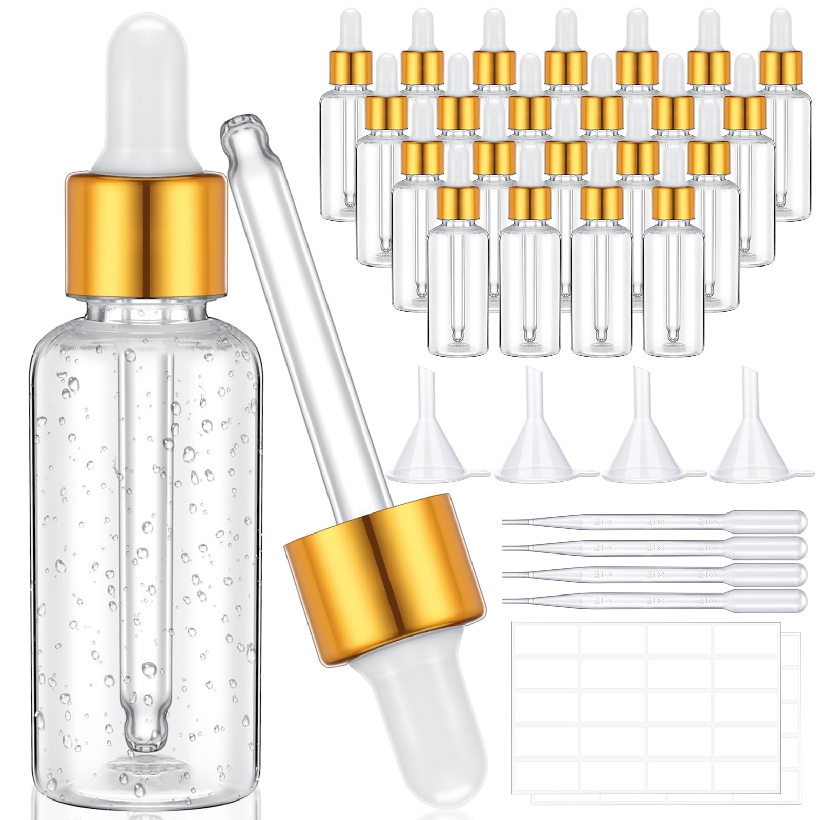 SiliFine 48 Pack 1 oz Dropper Bottle, Plastic Bottles Empty with 4 Funnels, 4 Long Pipettes, 40 Labels, 30 ml Eye Dropper Bottles for Essential, Cuticle, Body Oils, Tincture (Clear)